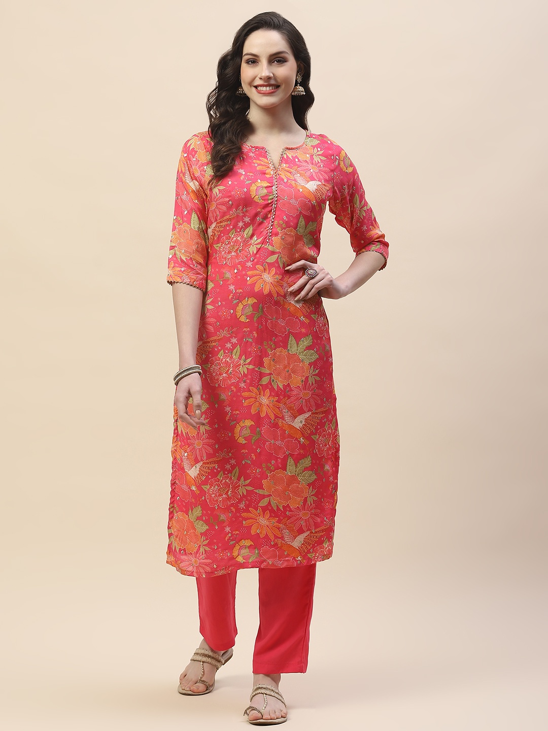 

Meena Bazaar Floral Printed Notch Neck Kurta With Trouser, Pink