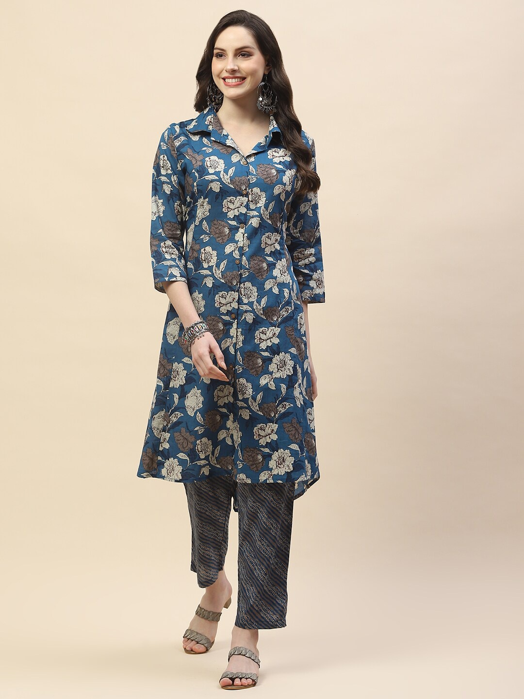 

Meena Bazaar Floral Printed Regular Kurta with Trousers, Teal