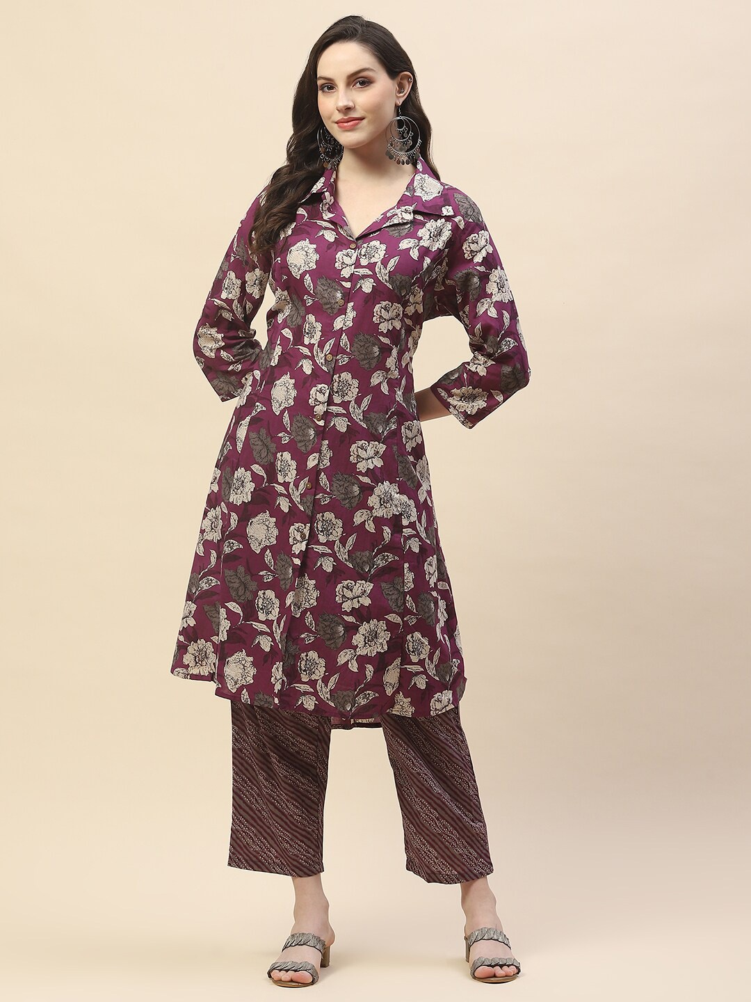 

Meena Bazaar Floral Printed Cotton A Line Kurta with Trouser, Purple
