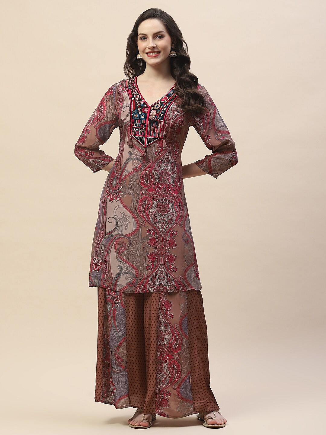 

Meena Bazaar Floral Printed Cotton Straight Kurta with Palazzo, Maroon