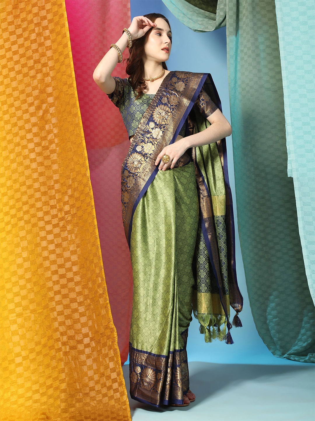 

bansari textiles Ethnic Motifs Woven Design Zari Silk Cotton Banarasi Saree, Olive