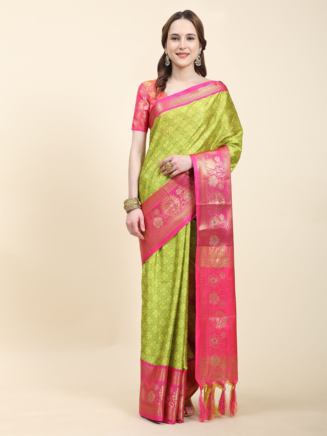 

bansari textiles Ethnic Motifs Woven Design Zari Silk Cotton Banarasi Saree, Green