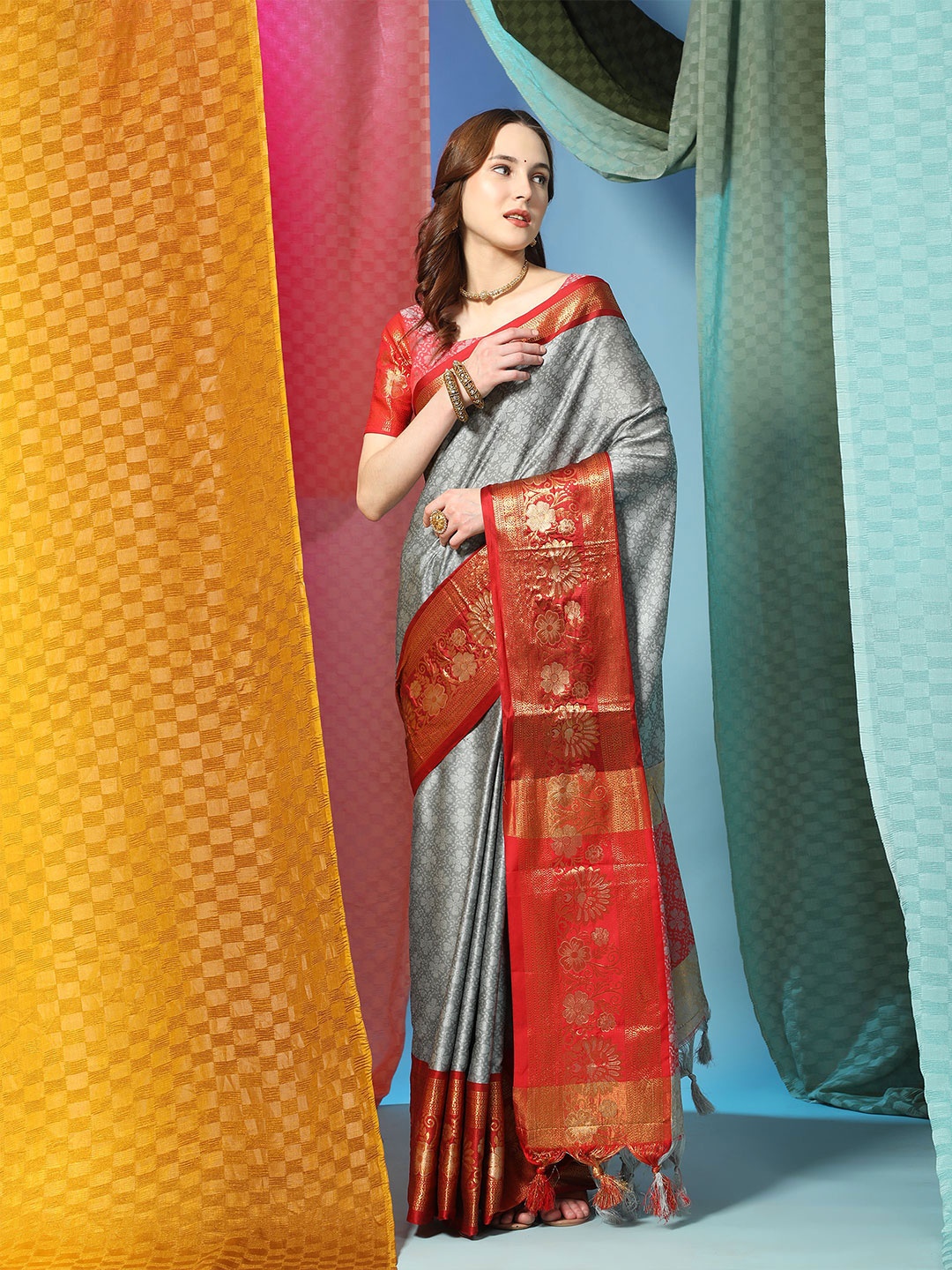 

bansari textiles Ethnic Motifs Woven Design Zari Silk Cotton Banarasi Saree, Grey