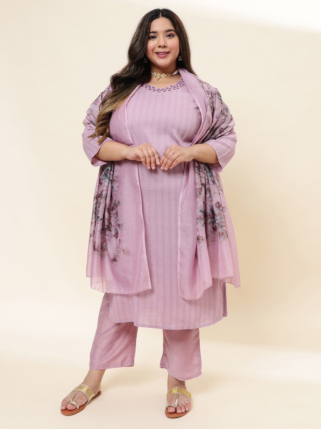 

Sringam Plus Size Striped Straight Kurta with Trousers & With Dupatta, Purple