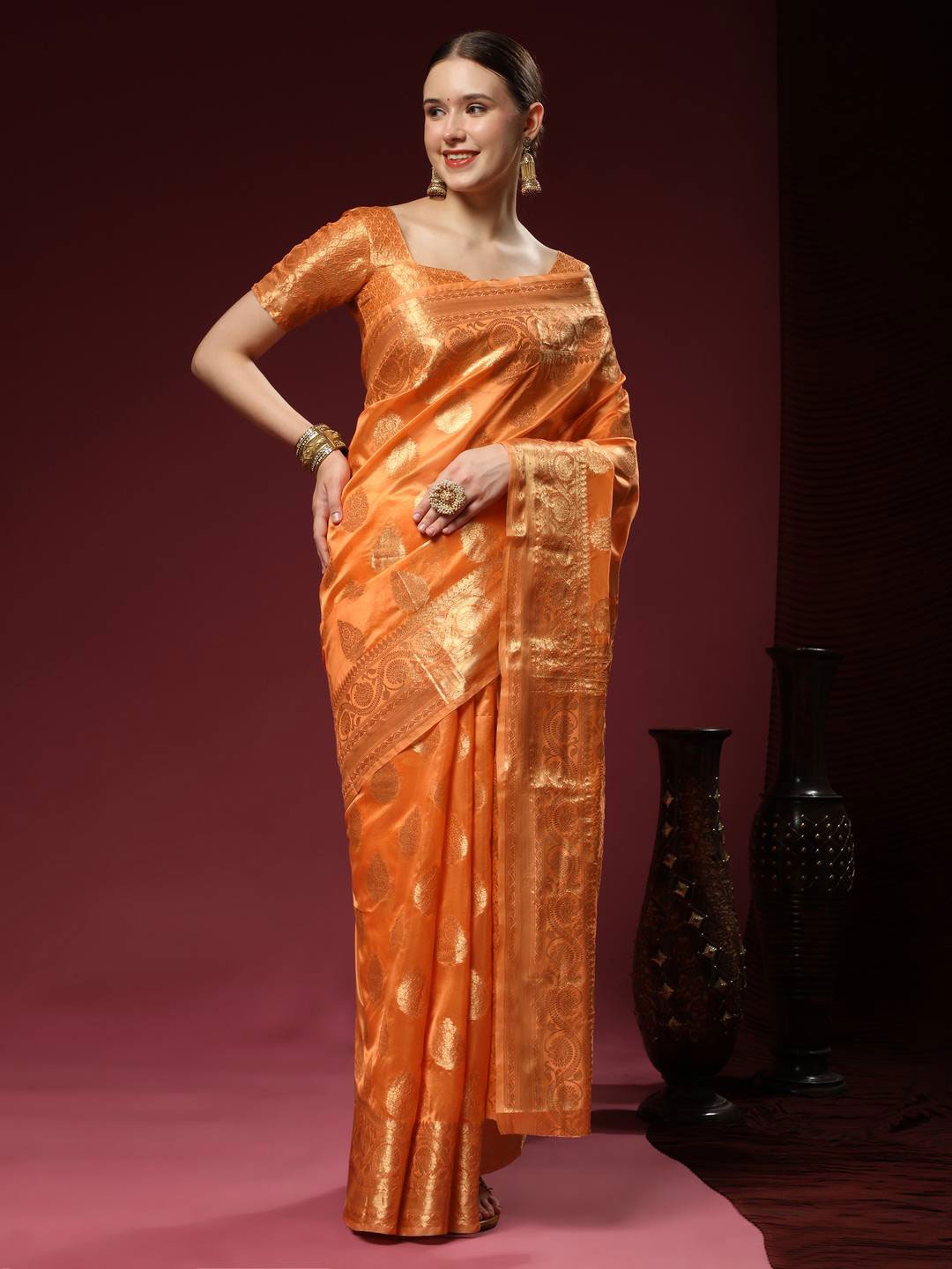 

ZILVIRA Ethnic Motifs Woven Design Zari Organza Saree, Orange