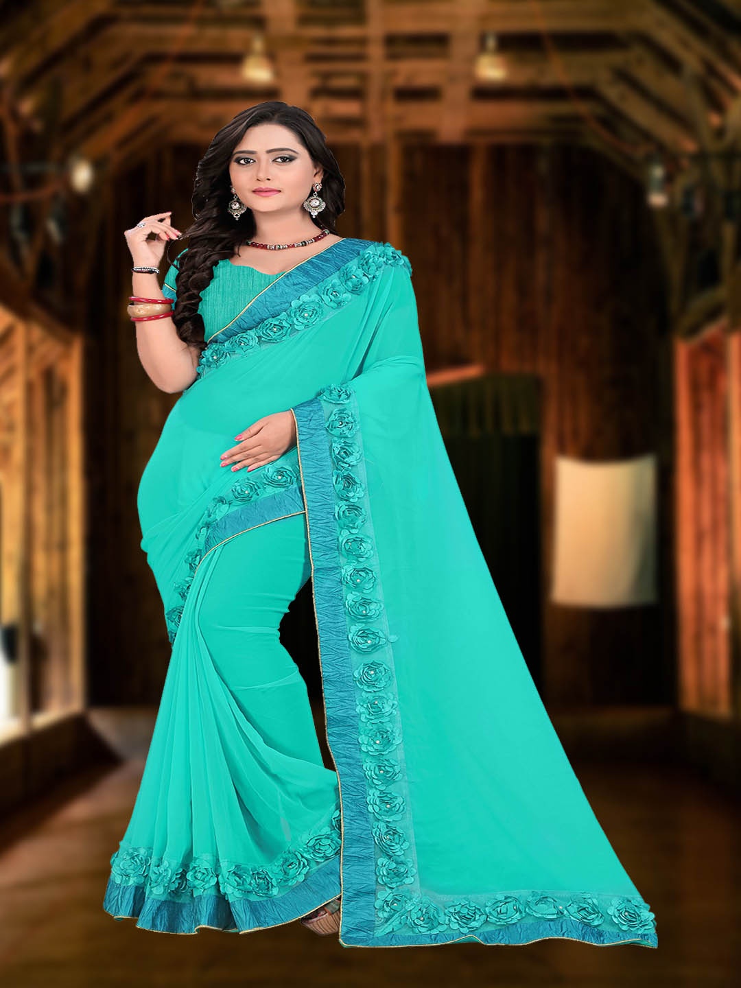 

KALINI Embroidered Border Saree, Turquoise blue