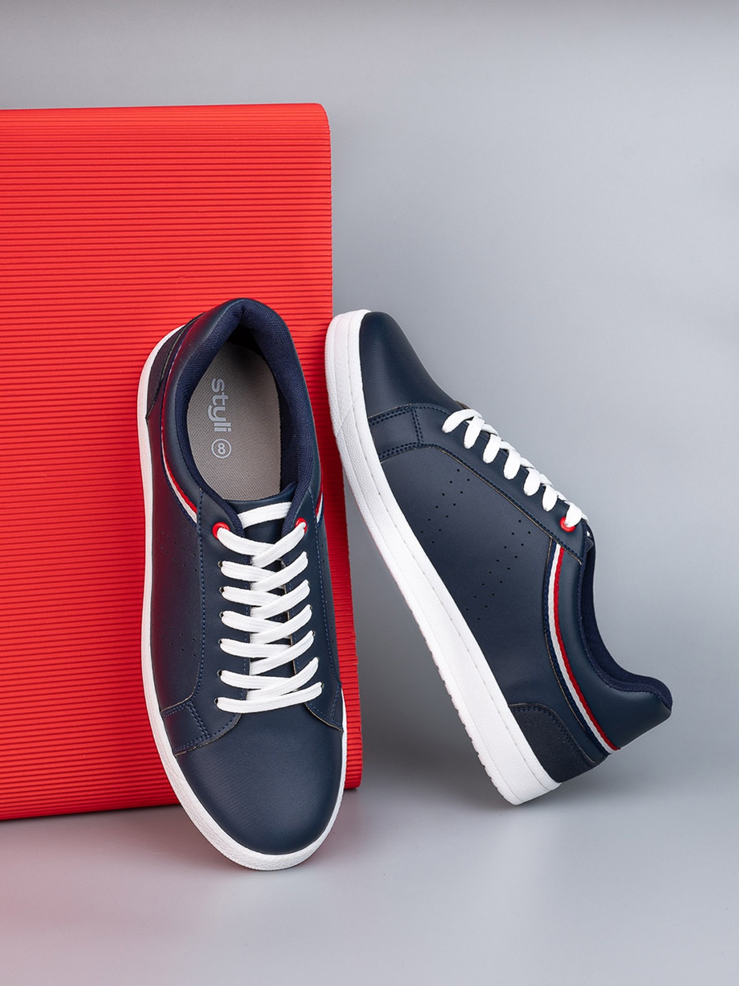 

Styli Collar Stripe Lace Up Sneakers, Navy blue