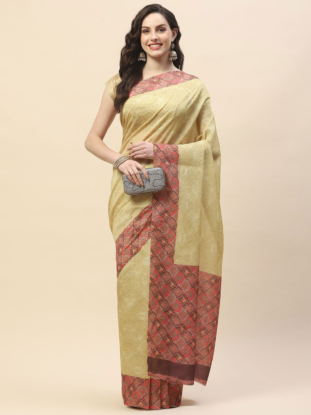 

Meena Bazaar Geometric Printed Art Silk Saree, Beige