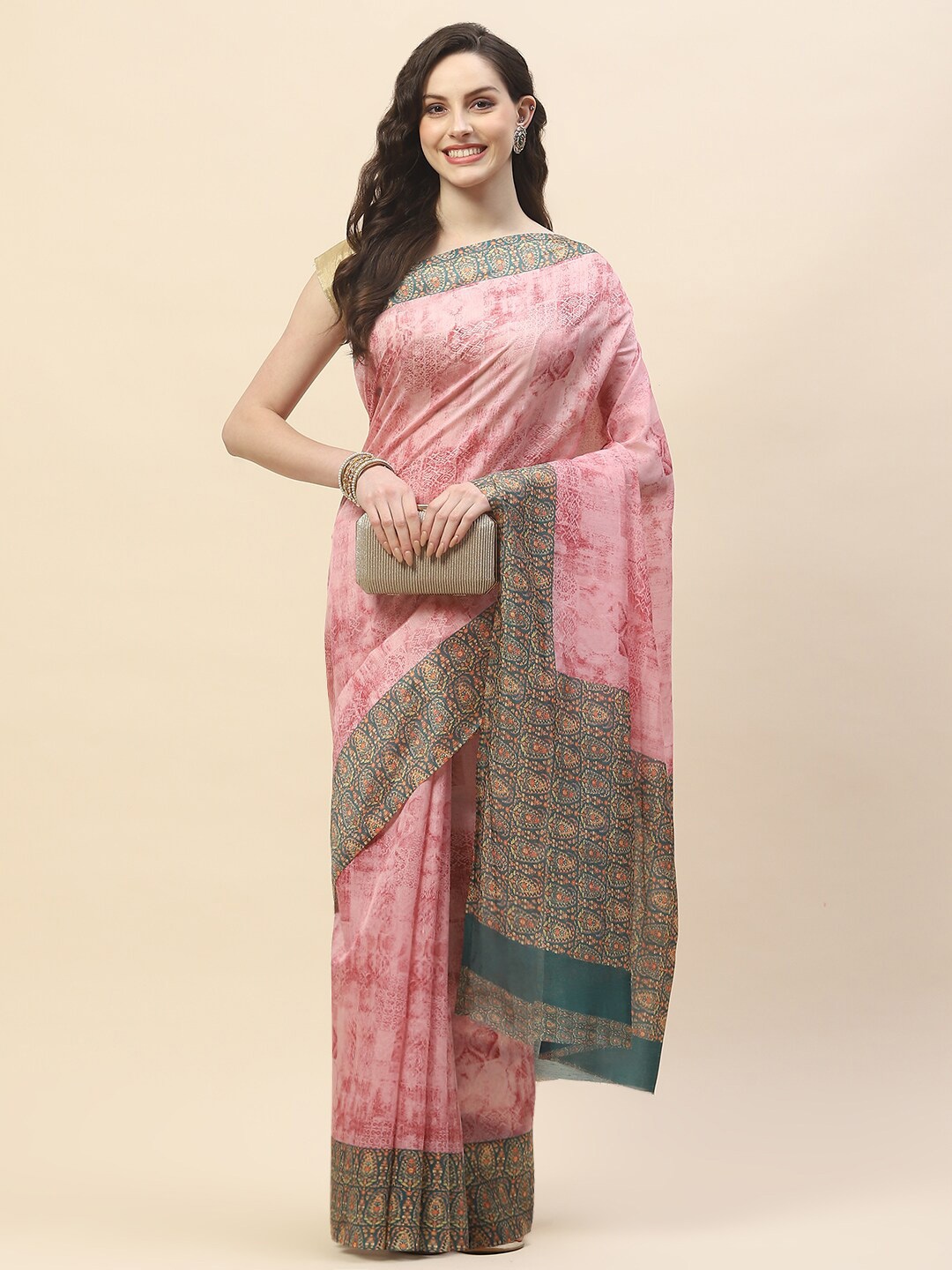 

Meena Bazaar Ethnic Motifs Printed Saree, Pink