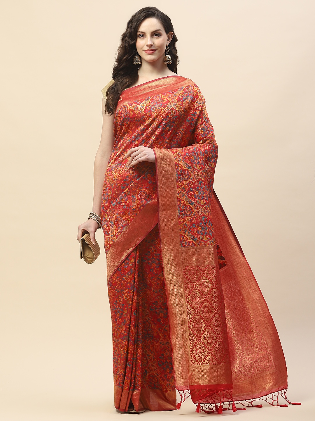 

Meena Bazaar Ethnic Woven Design Zari Art Silk Saree, Peach
