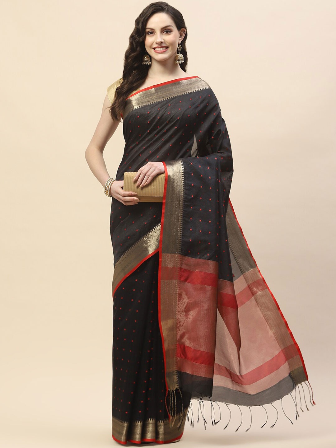 

Meena Bazaar Ethnic Woven Design Tussar Saree, Black