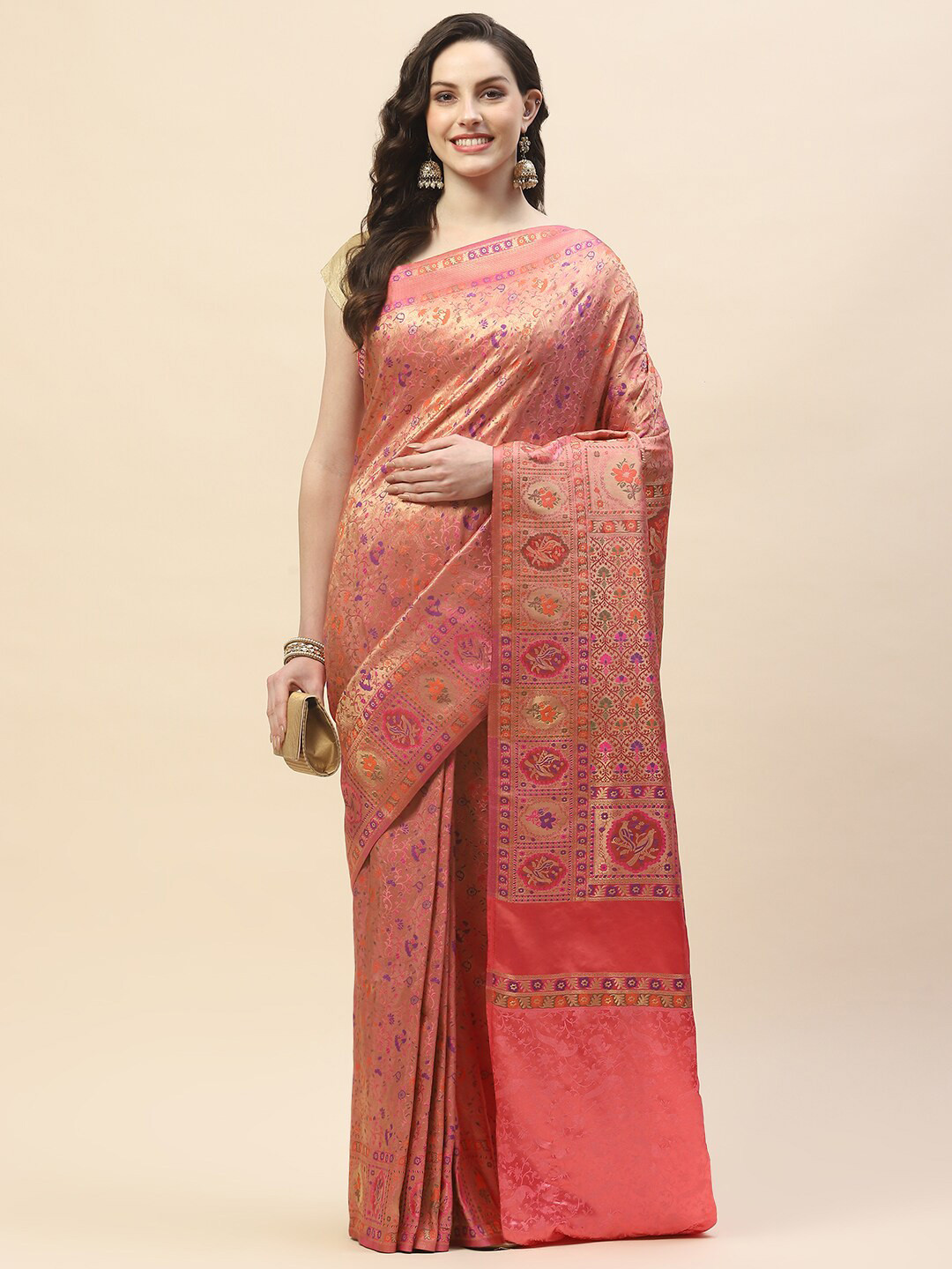 

Meena Bazaar Ethnic Woven Design Satin Saree, Peach