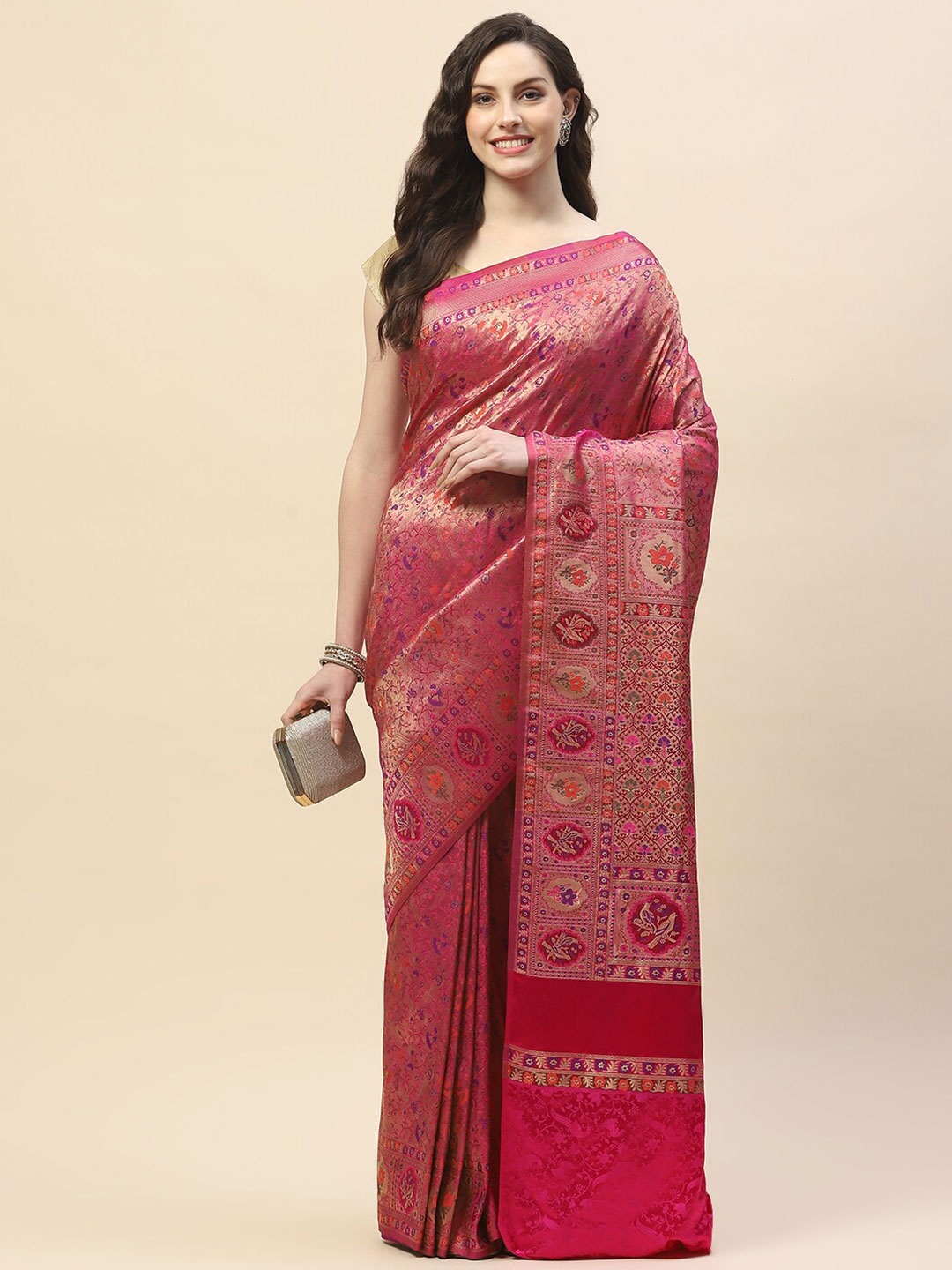 

Meena Bazaar Ethnic Woven Design Satin Saree, Pink