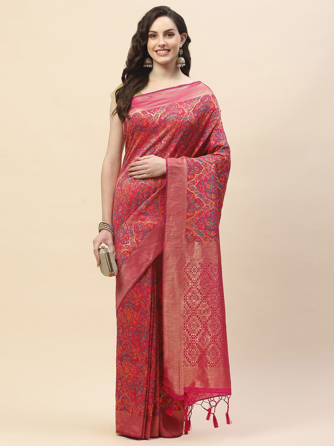 

Meena Bazaar Ethnic Woven Design Floral Saree, Pink