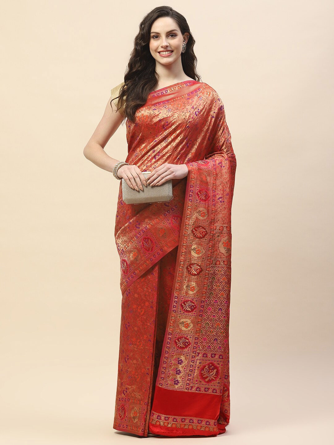 

Meena Bazaar Ethnic Woven Design Satin Saree, Rust