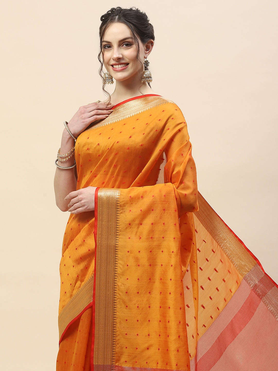 

Meena Bazaar Woven Design Zari Tussar Saree, Mustard