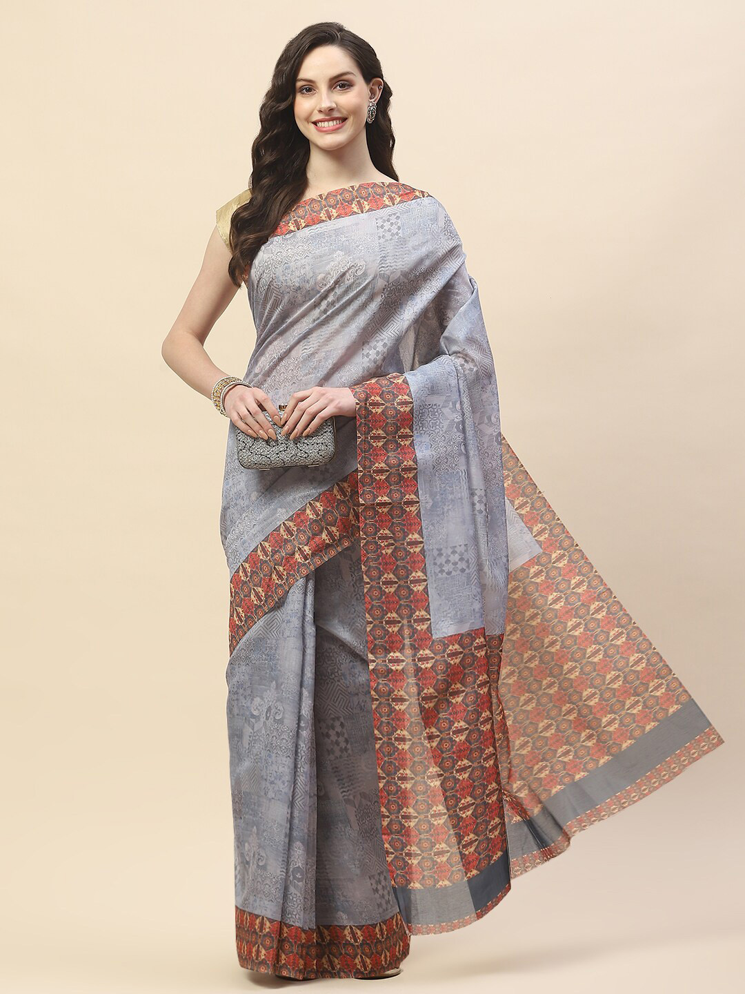 

Meena Bazaar Abstract Printed Saree, Grey