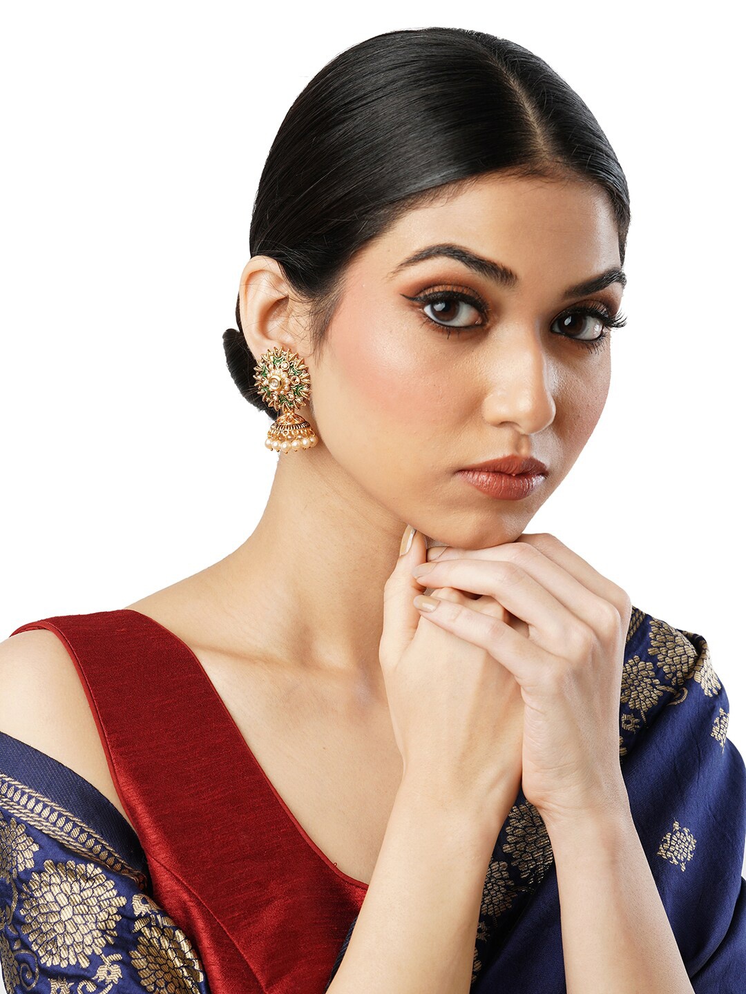 

Anouk Gold-Toned Brass-Plated Stone-Studded & Beaded Floral Jhumkas