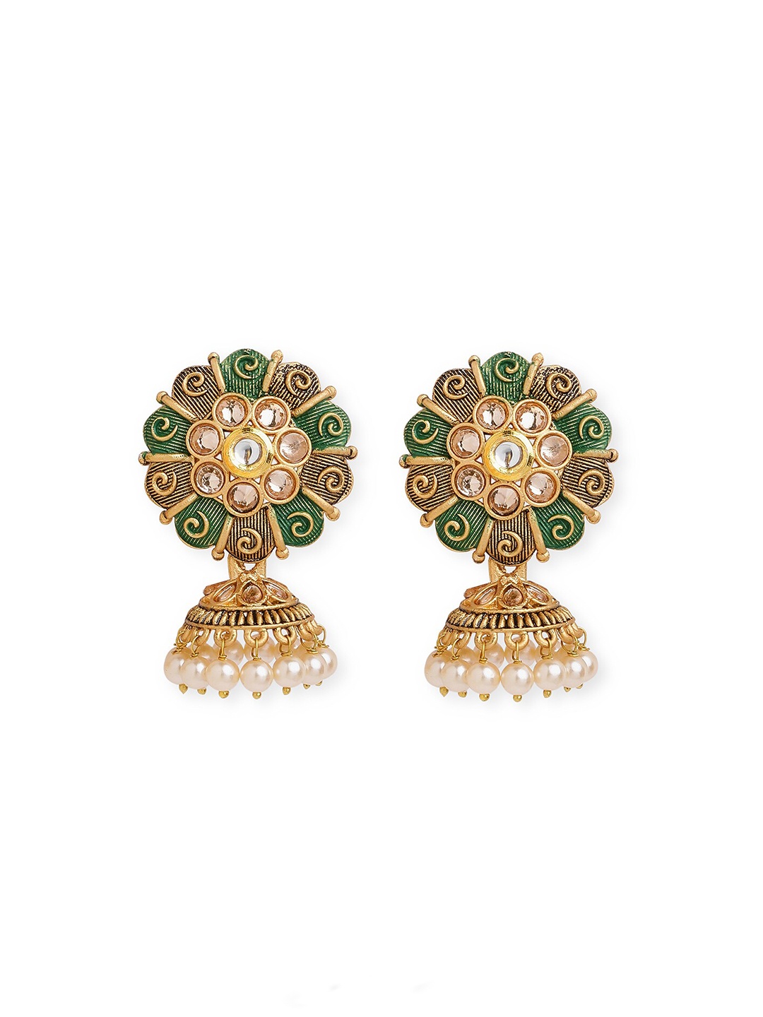 

Anouk Gold-Toned Brass-Plated Stone-Studded & Beaded Dome Shaped Jhumkas