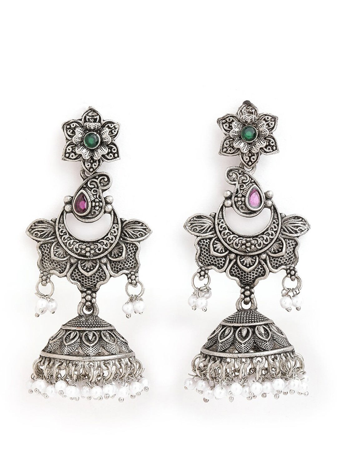 

Anouk Silver-Toned Brass-Plated Stone-Studded & Beaded Floral Drop Earrings