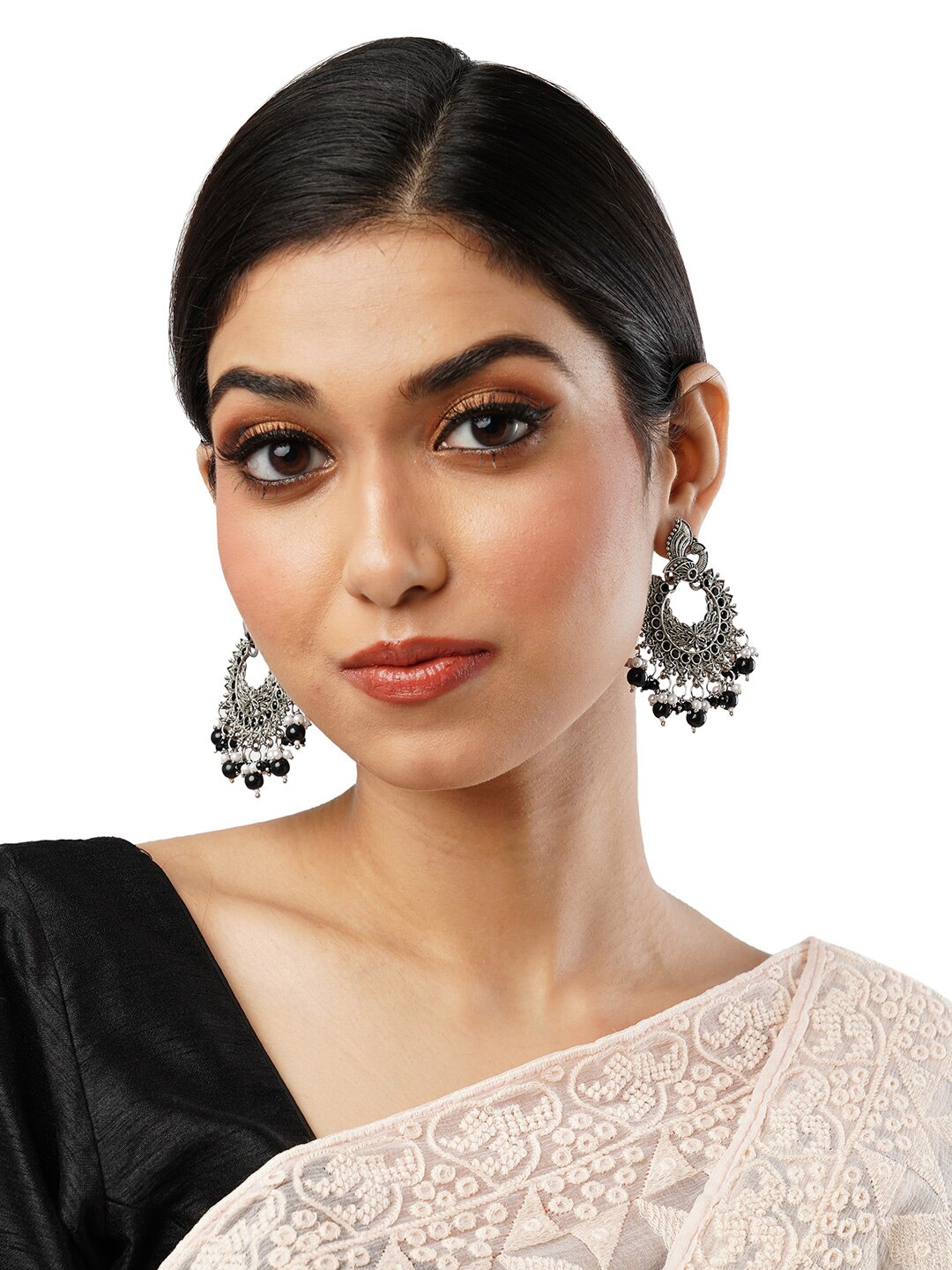 

Anouk Silver-Toned Brass-Plated Stone-Studded & Beaded Contemporary Chandbalis