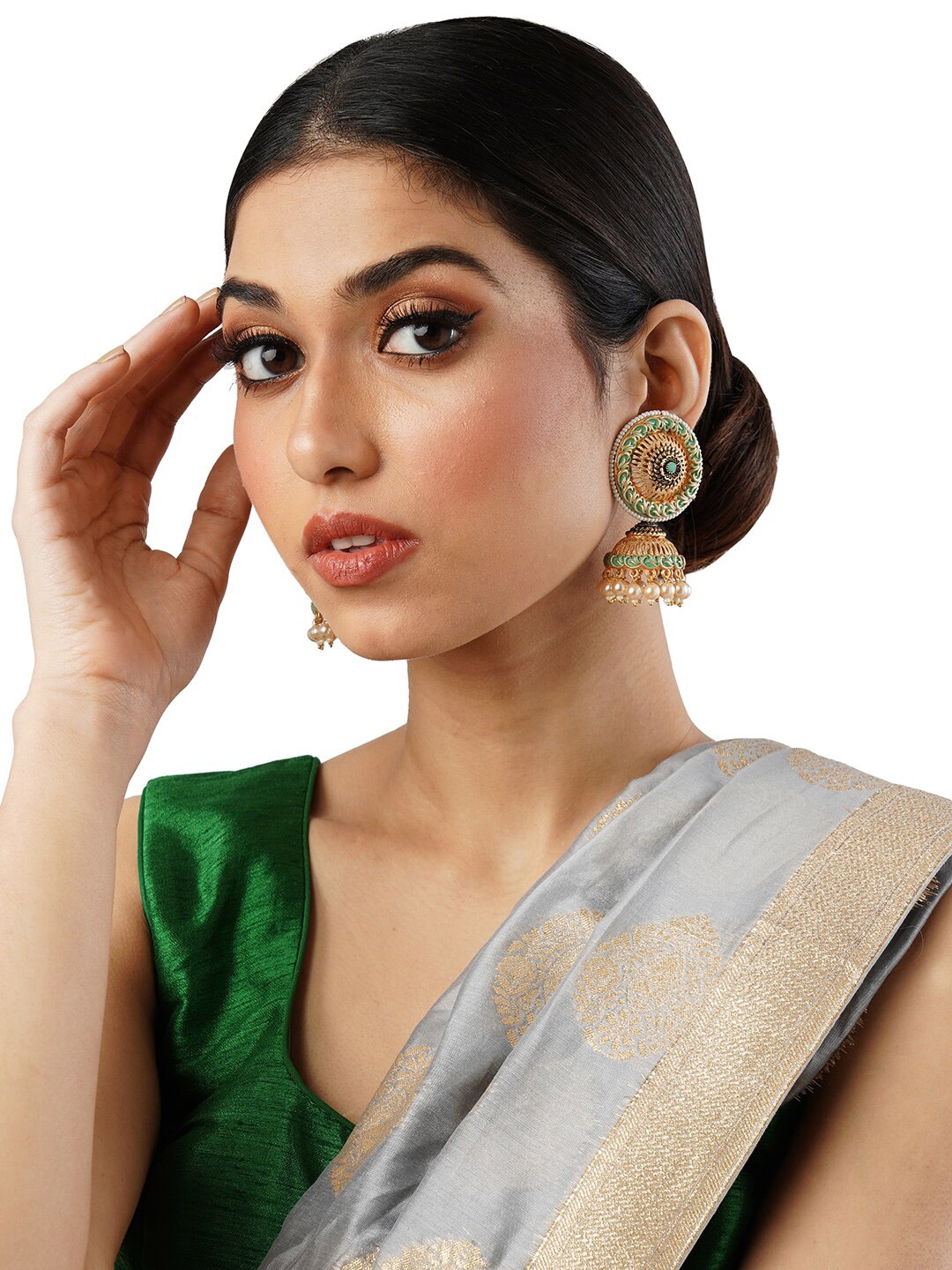 

Anouk Silver-Toned Brass-Plated Contemporary Jhumkas