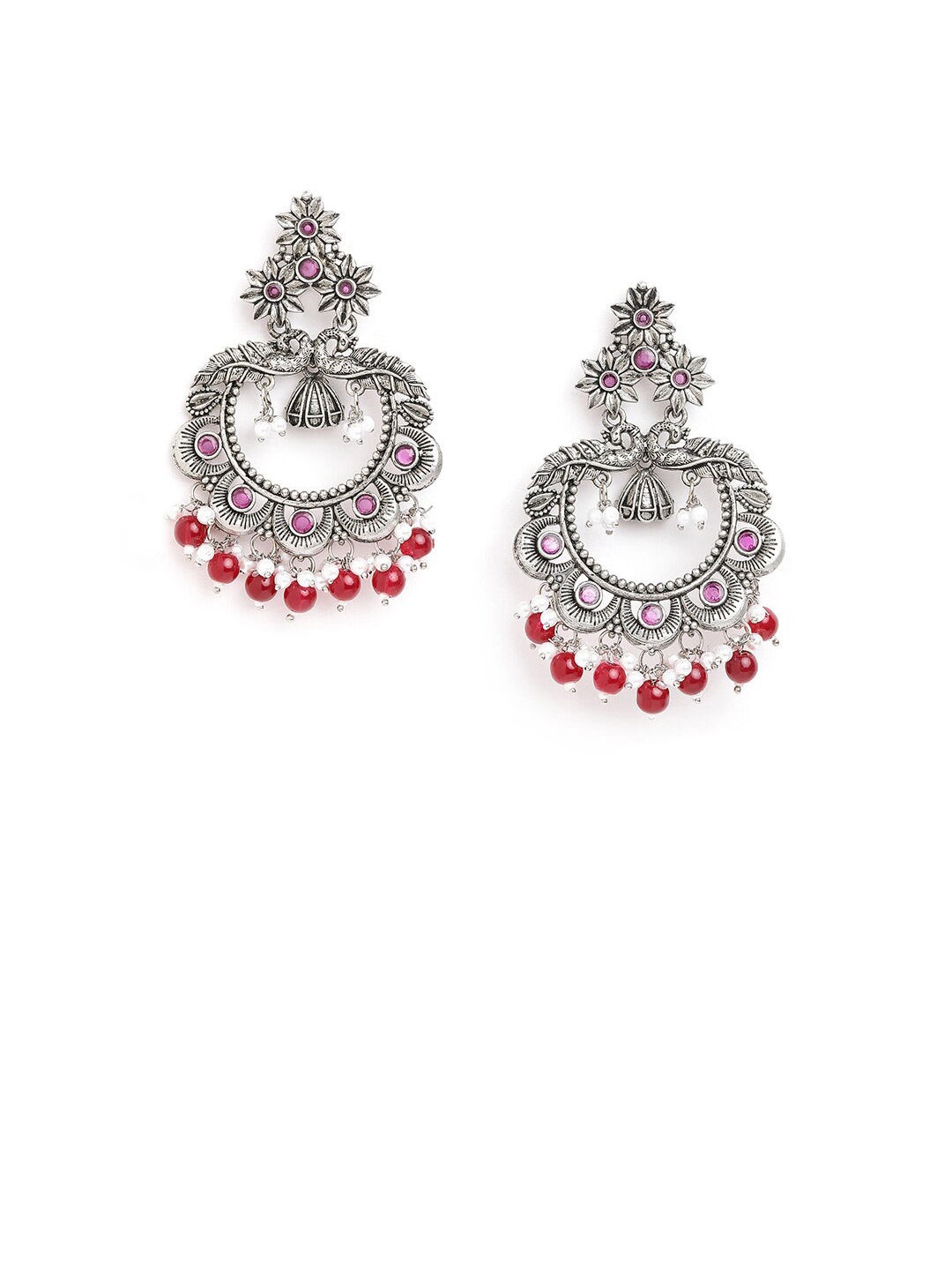 

Anouk Brass-Plated Stone-Studded & Beaded Floral Chandbalis, Silver