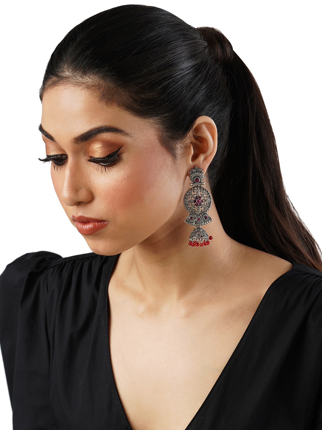 

Anouk Brass-Plated Stone-Studded & Beaded Dome Shaped Jhumkas, Silver
