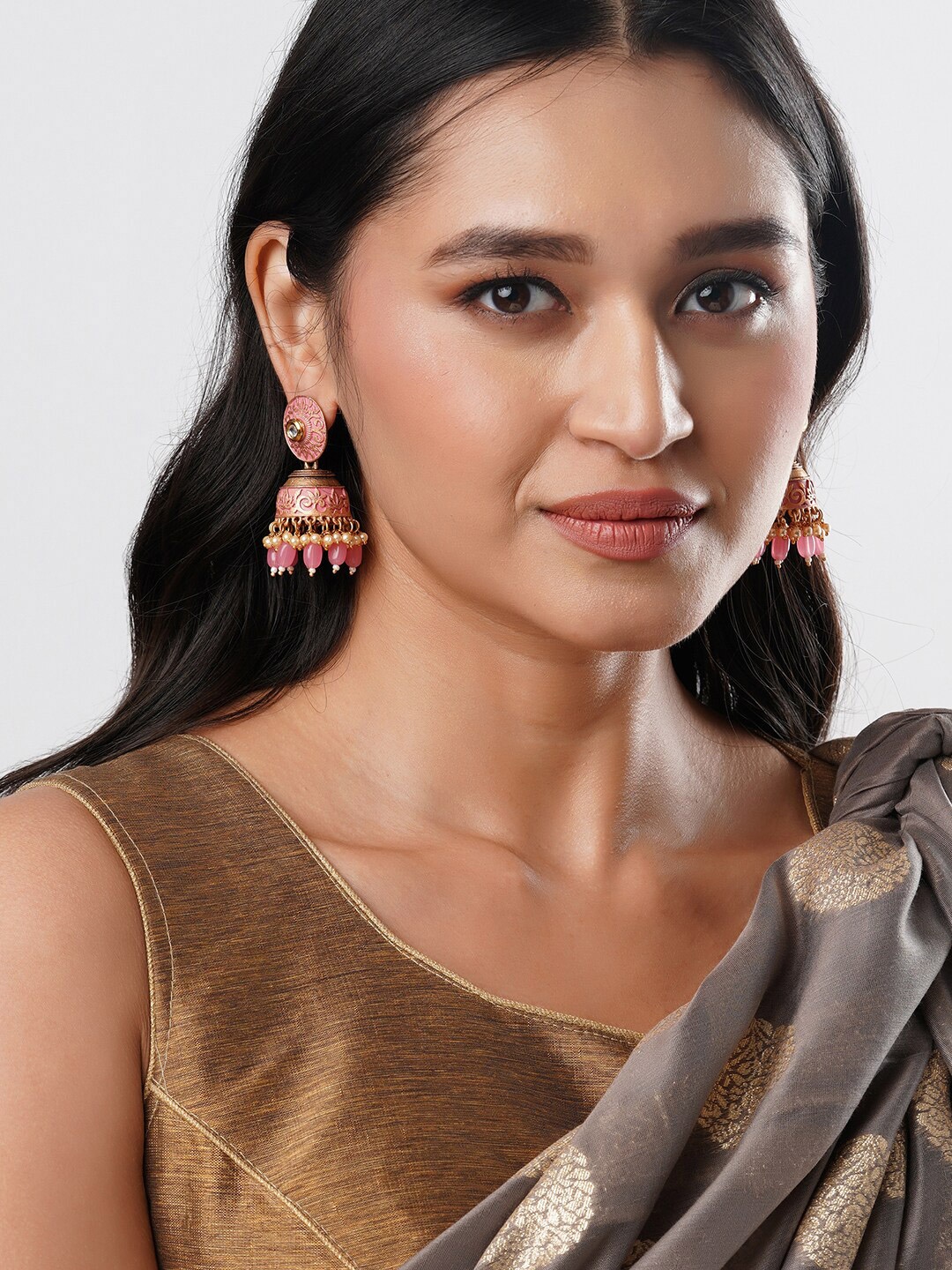 

Anouk Brass-Plated Stone-Studded & Beaded Dome Shaped Jhumkas, Gold