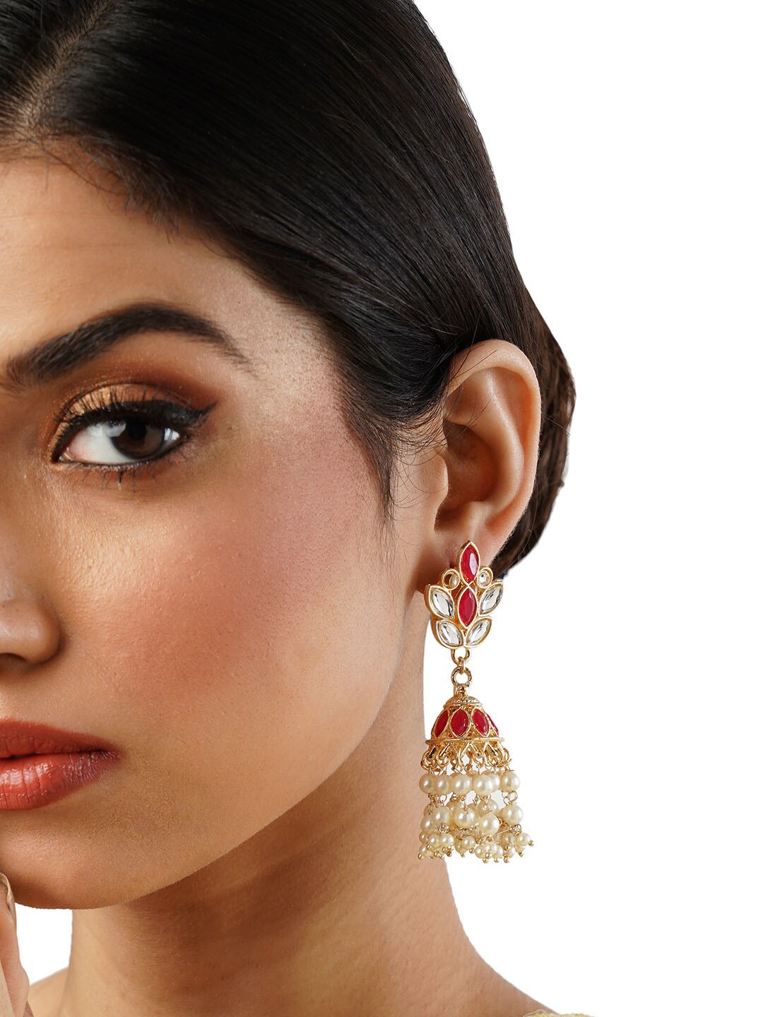 

Anouk Gold-Toned Brass-Plated Stone-Studded & Beaded Floral Jhumkas