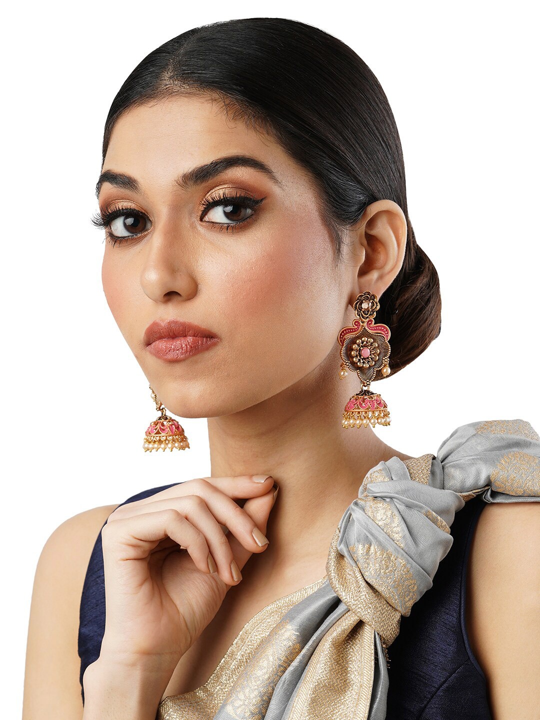 

Anouk Gold-Toned Brass-Plated Floral Dome Shaped Jhumkas