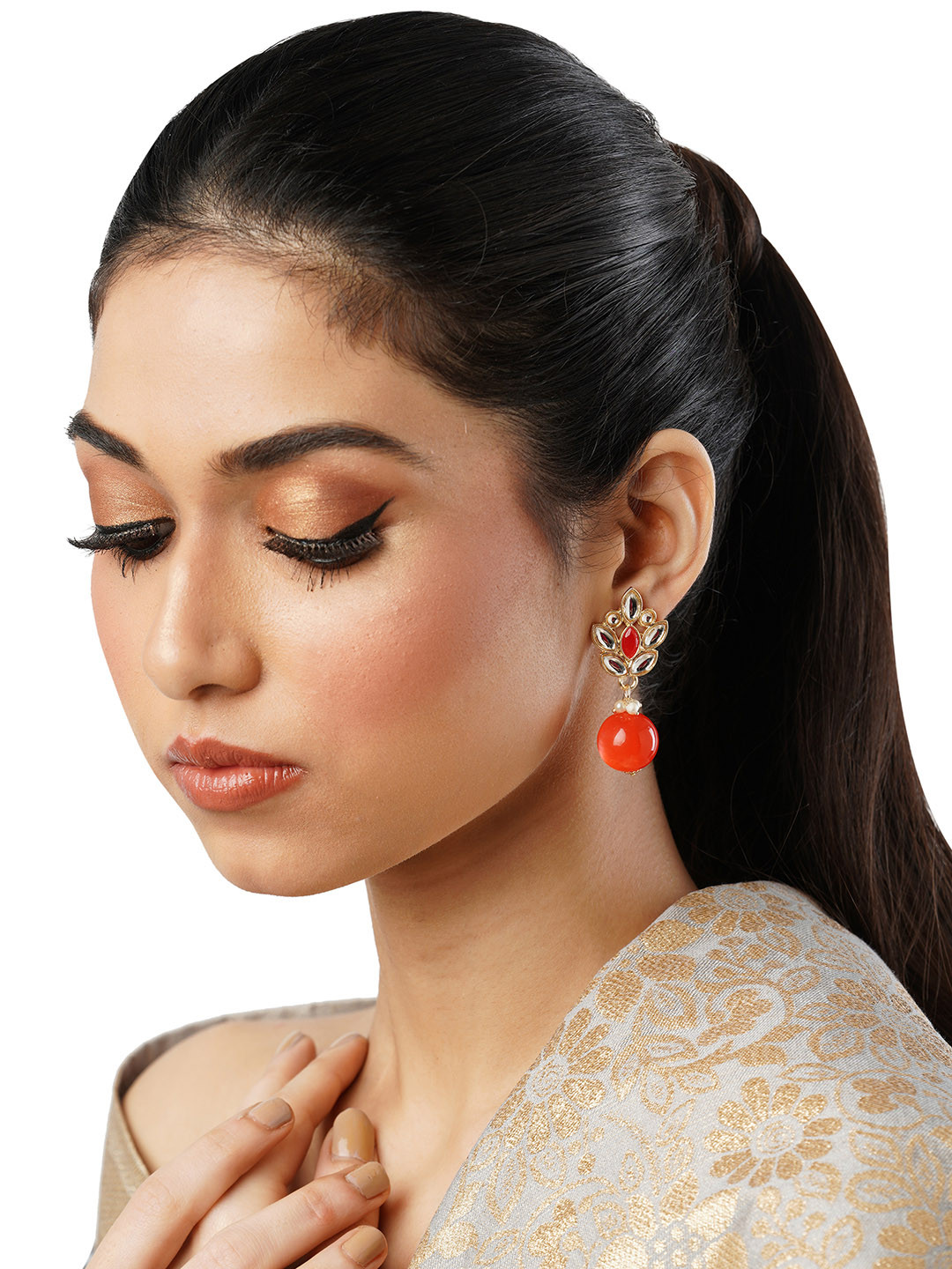 

Anouk Kundan Studded Beaded Drop Earrings, Gold