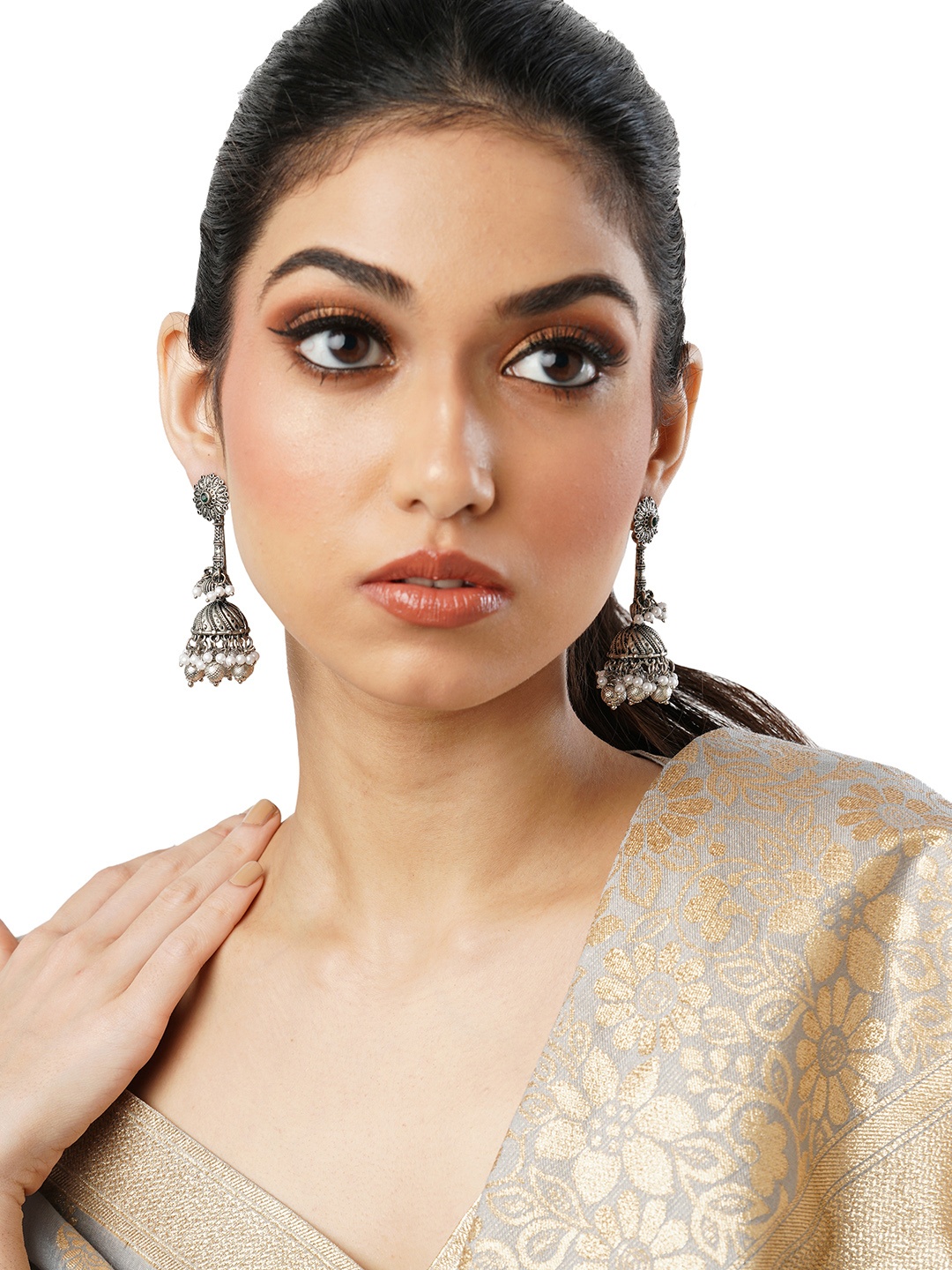 

Anouk Silver-Toned Brass-Plated Beaded Jhumkas
