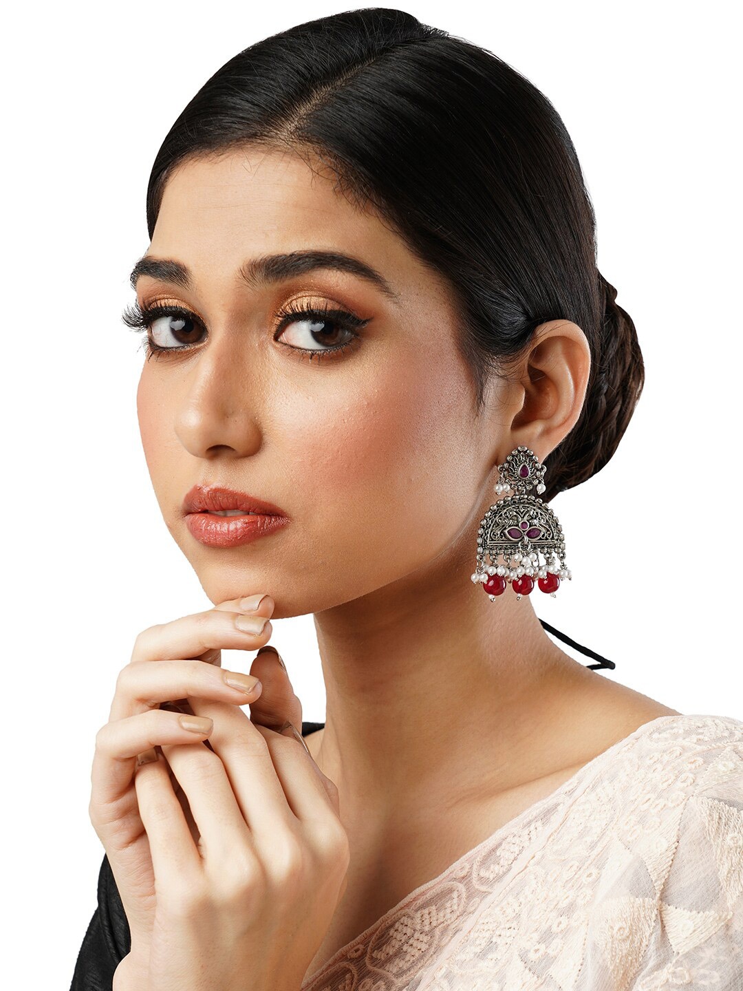 

Anouk Red Brass-Plated Stone Studded & Beaded Floral Jhumkas, Silver