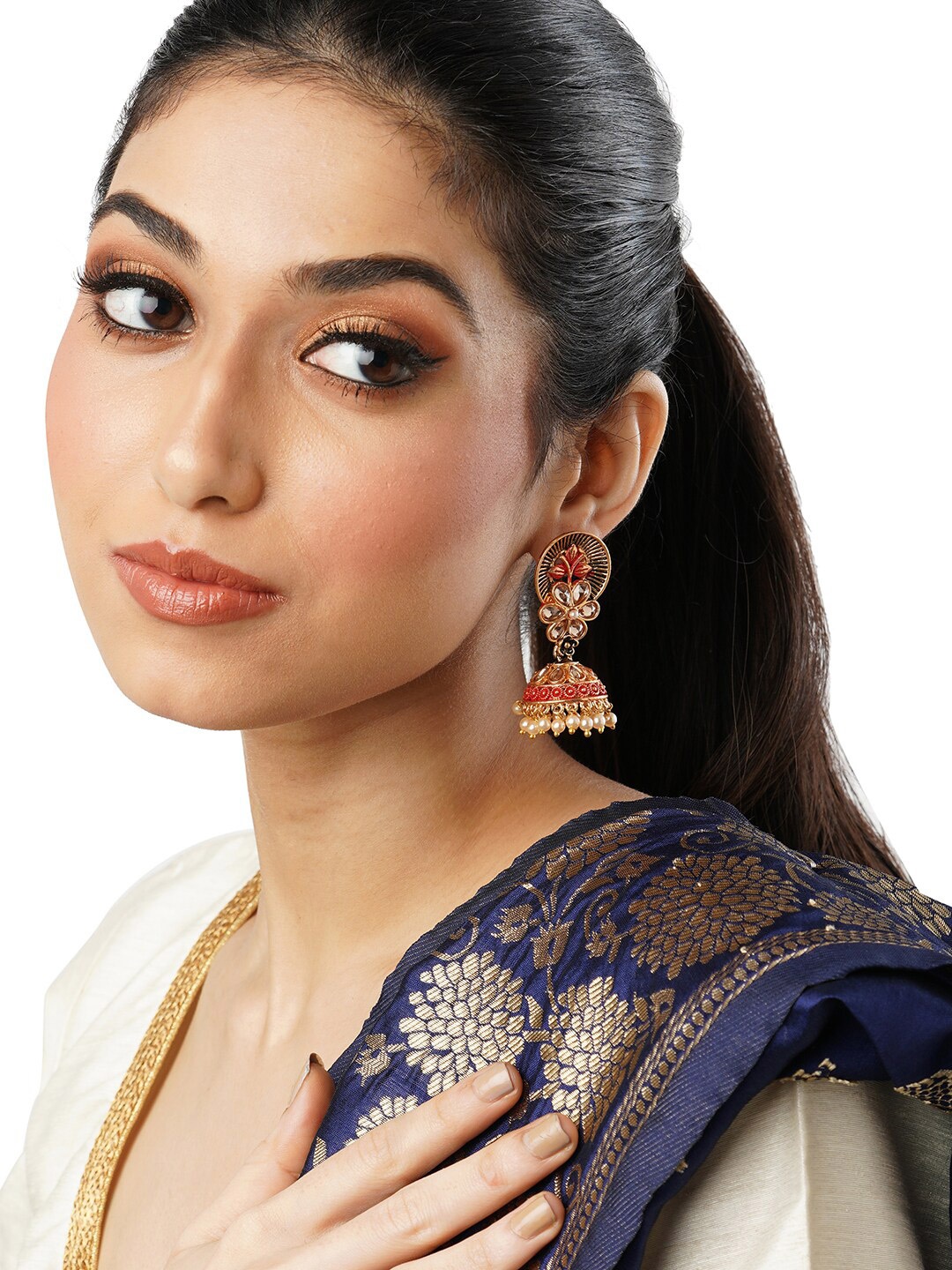 

Anouk Red Brass-Plated Stone Studded & Beaded Floral Jhumkas, Gold