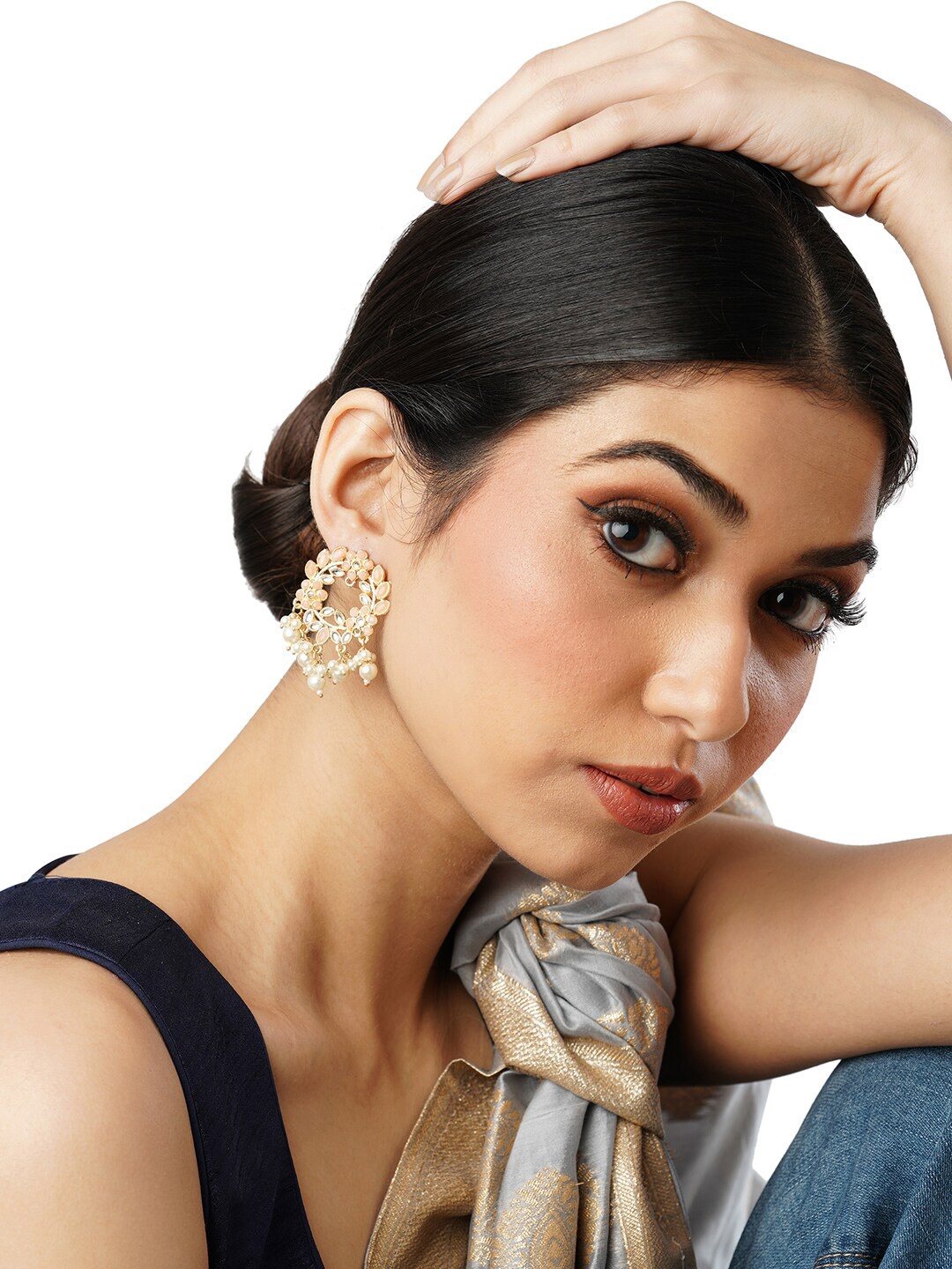 

Anouk Gold-Toned Brass-Plated Beaded & Stone Studded Drop Earrings