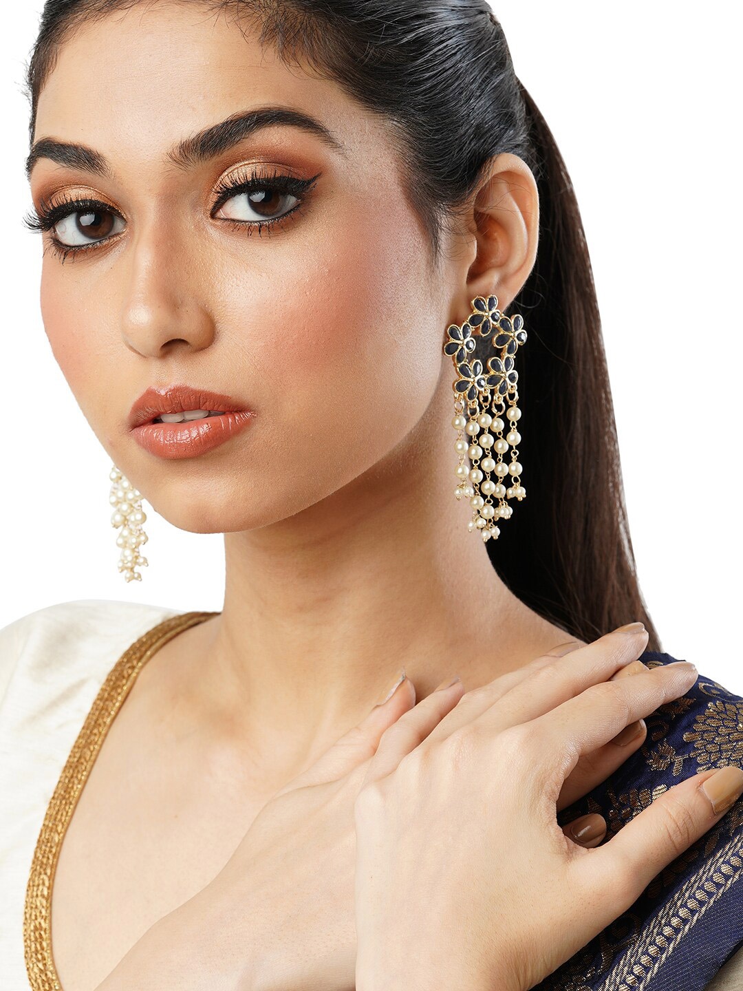 

Anouk Silver-Toned Brass-Plated Beaded Floral Drop Earrings