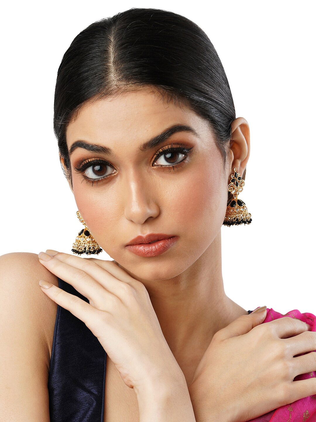 

Anouk Black Brass-Plated Floral Jhumkas, Gold