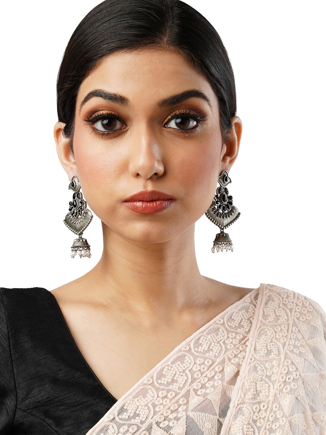 

Anouk Black Brass-Plated Floral Jhumkas, Silver