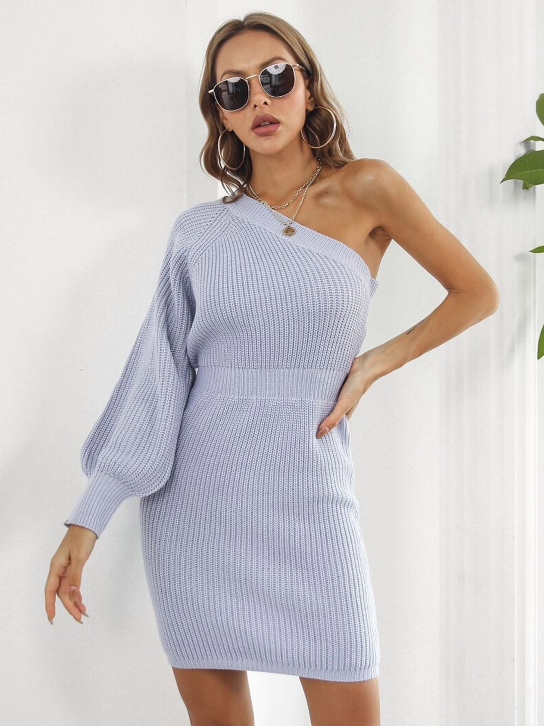 

DressBerry One Shoulder Long Sleeve Sweater Knitted Bodycon Dress, Purple