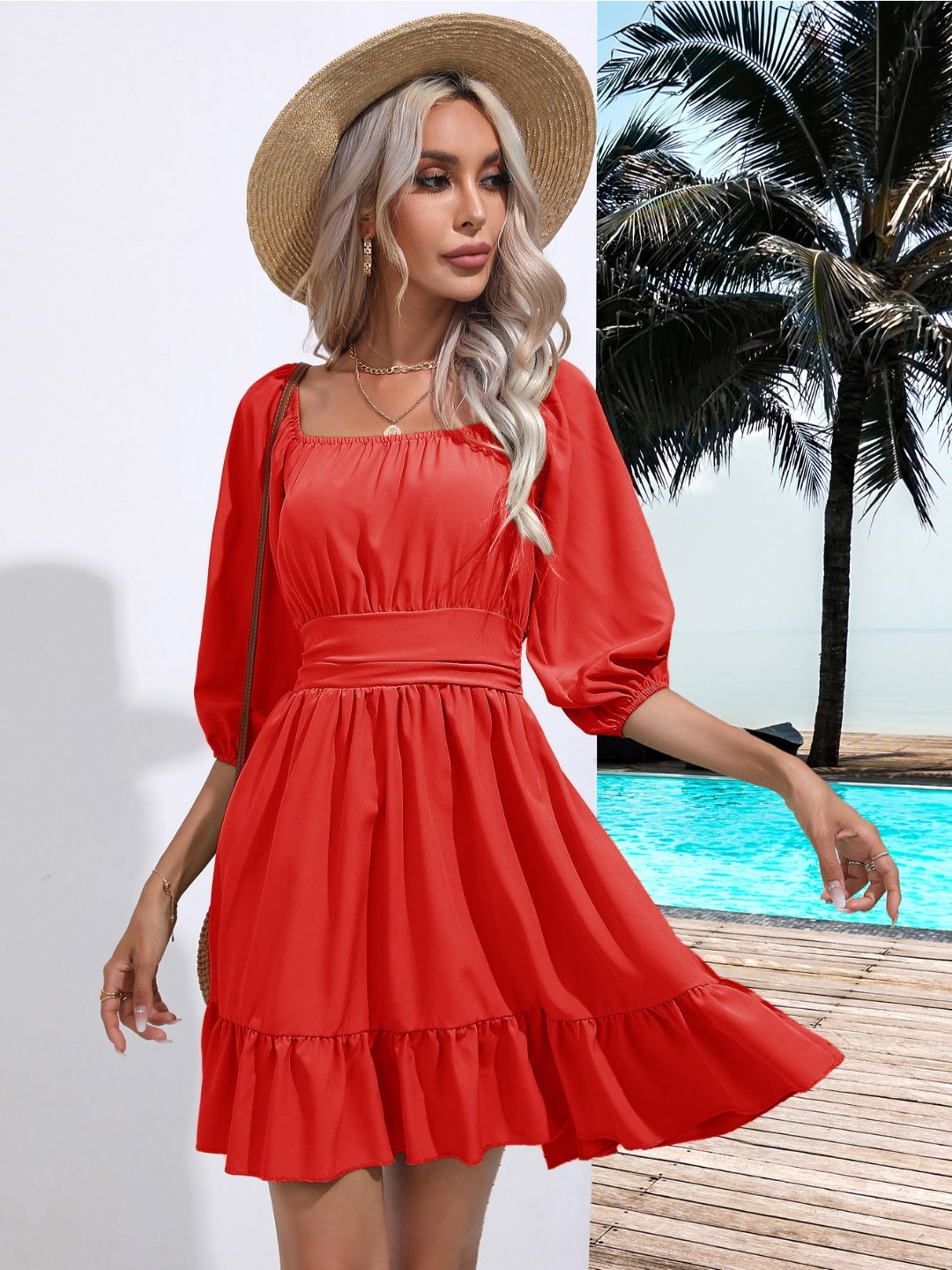 

DressBerry Red Puff Sleeve Fit & Flare Dress