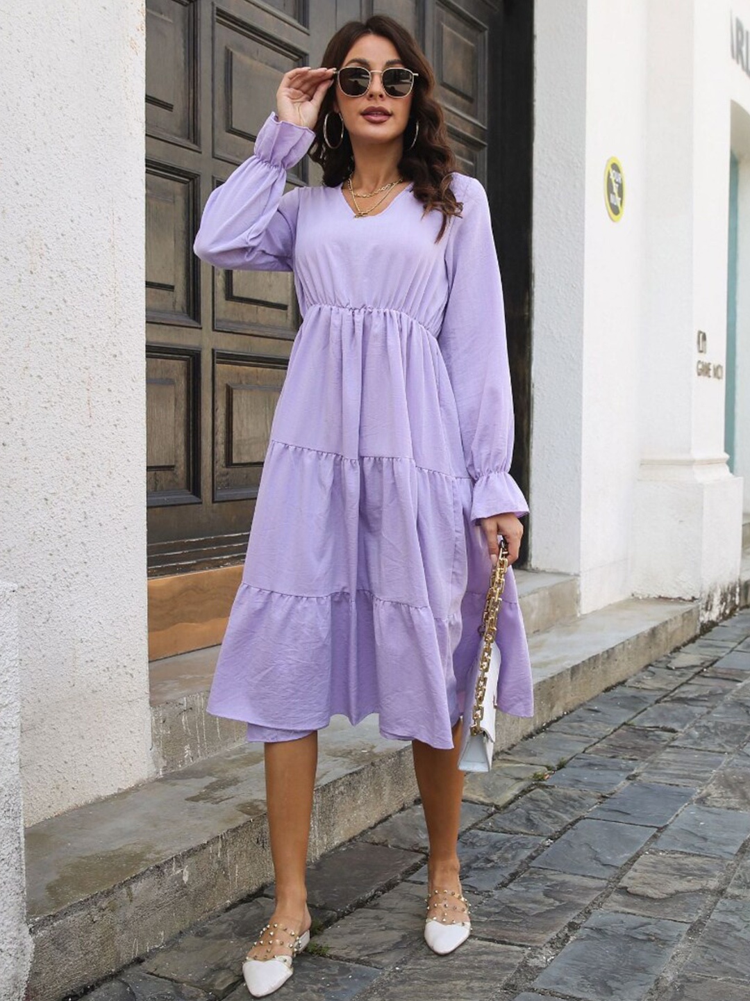 

DressBerry Purple V-Neck Bishop Sleeves Party A-Line Midi Dress