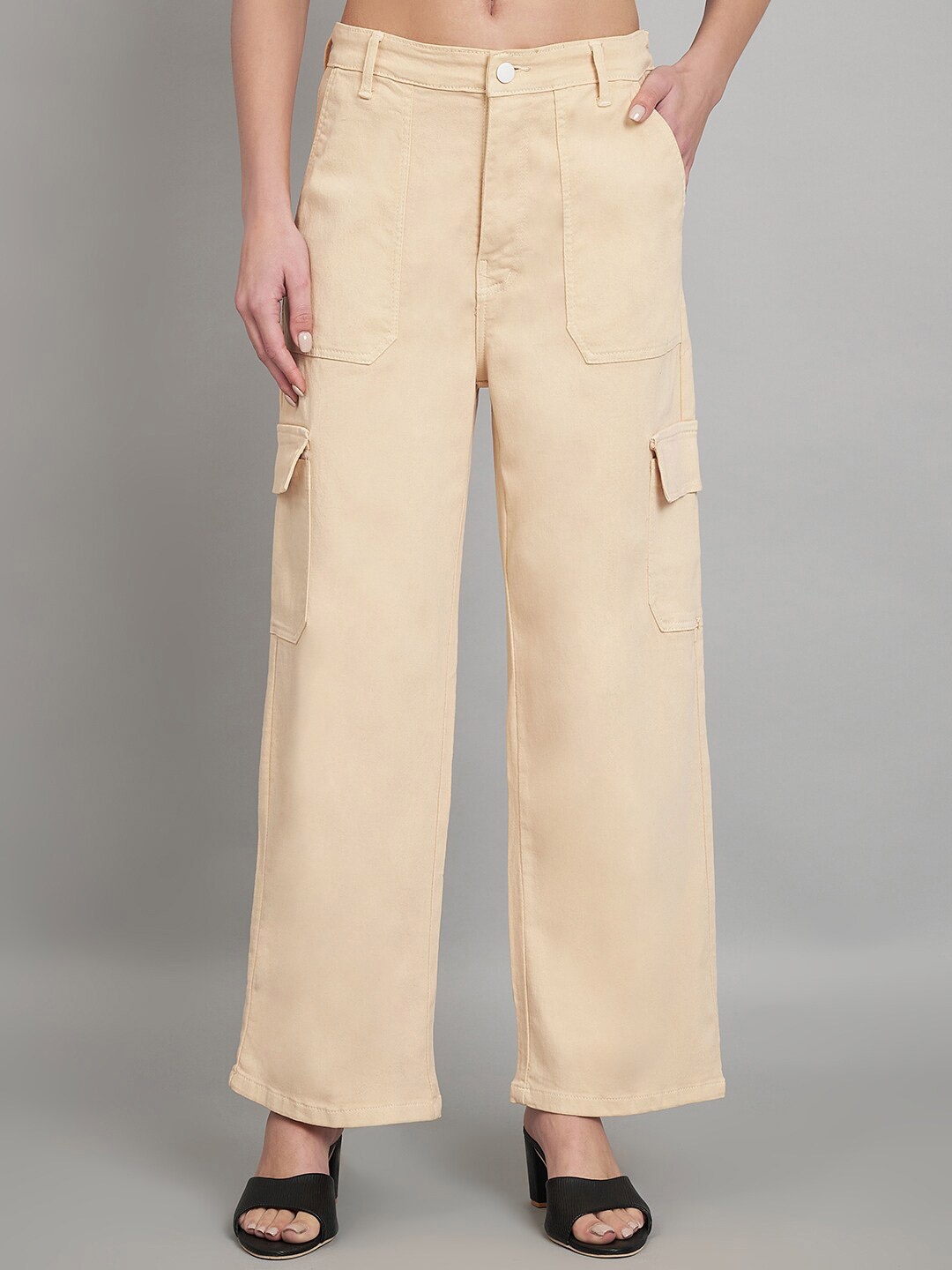 

AngelFab Women Jean Relaxed Fit High-Rise Cotton Cargo Jeans, Beige