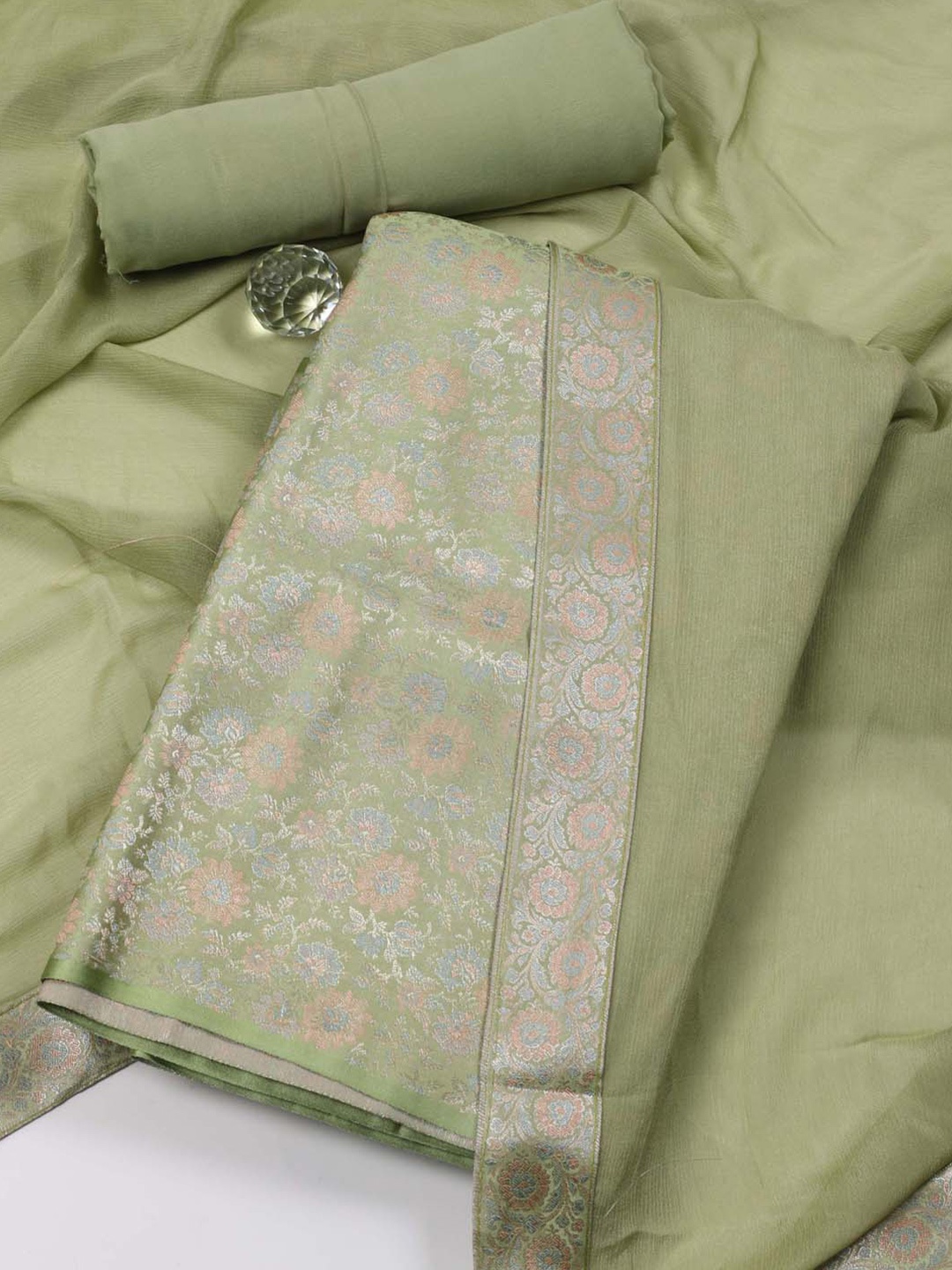 

Meena Bazaar Floral Woven Designed Unstitched Dress Material, Green