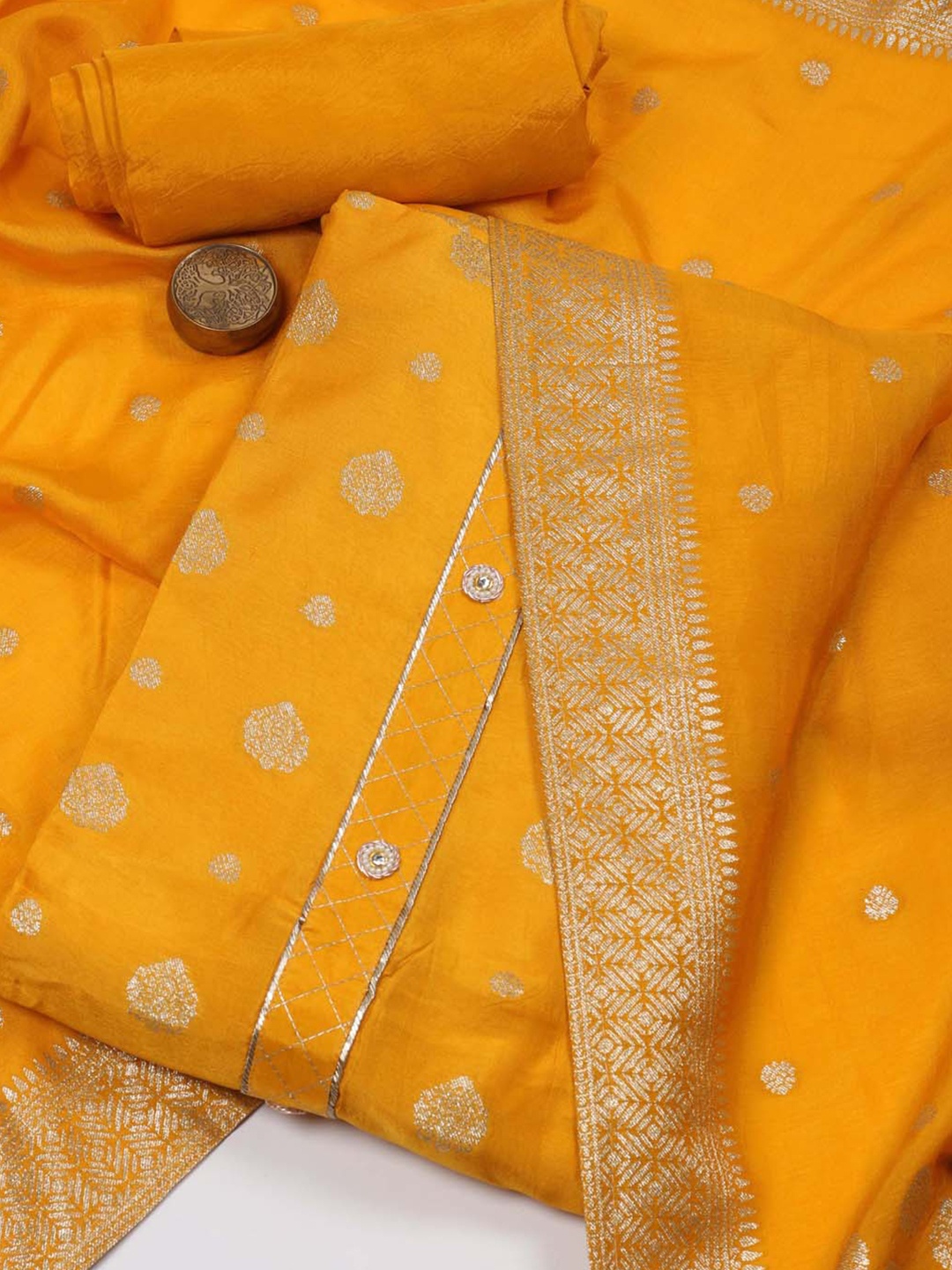 

Meena Bazaar Floral Woven Design Art Silk Unstitched Dress Material, Mustard