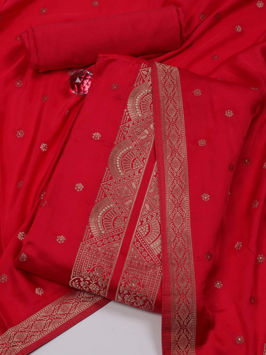 

Meena Bazaar Ethnic Motif Woven Design Zari Satin Unstitched Dress Material, Pink