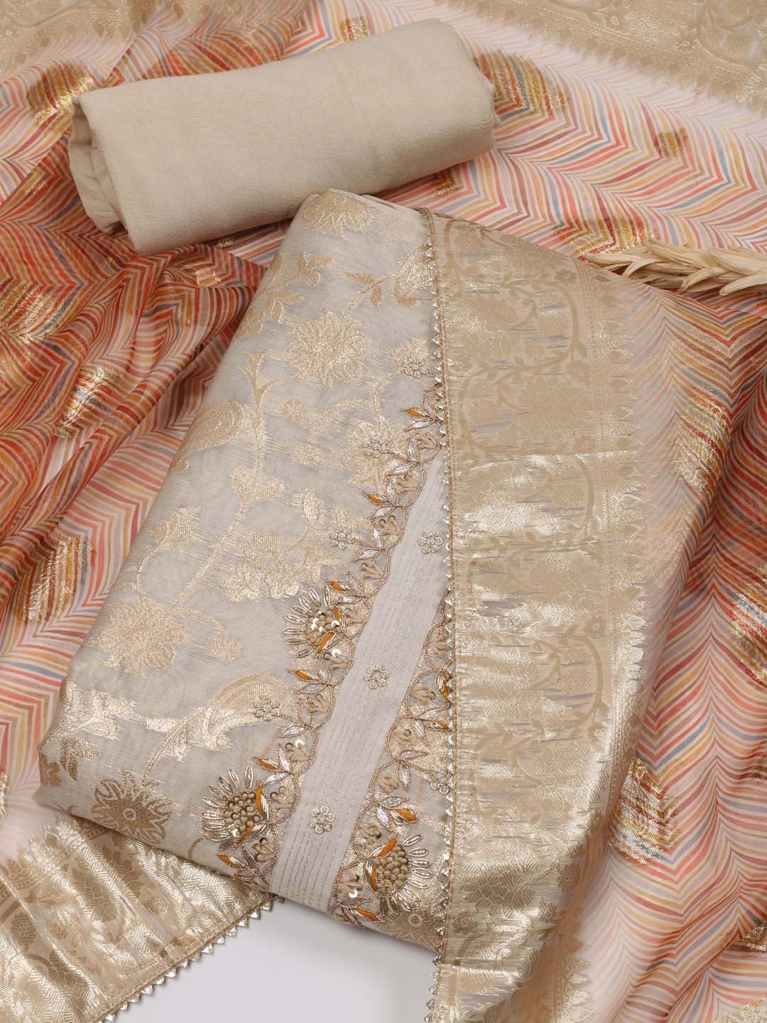 

Meena Bazaar Floral Woven Designed Beads And Stones Unstitched Dress Material, Beige