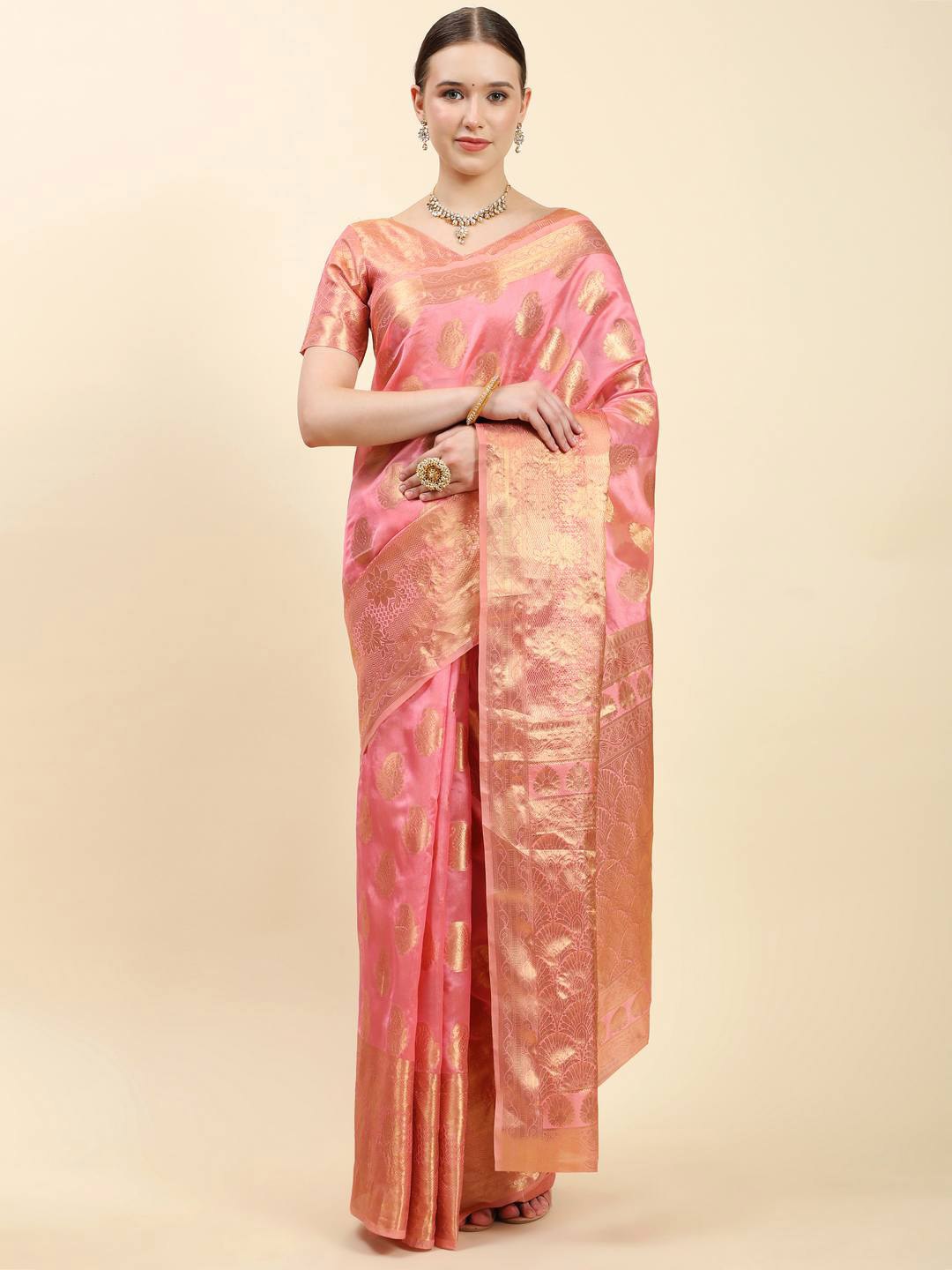 

ZILVIRA Ethnic Woven Design Zari Organza Saree, Pink