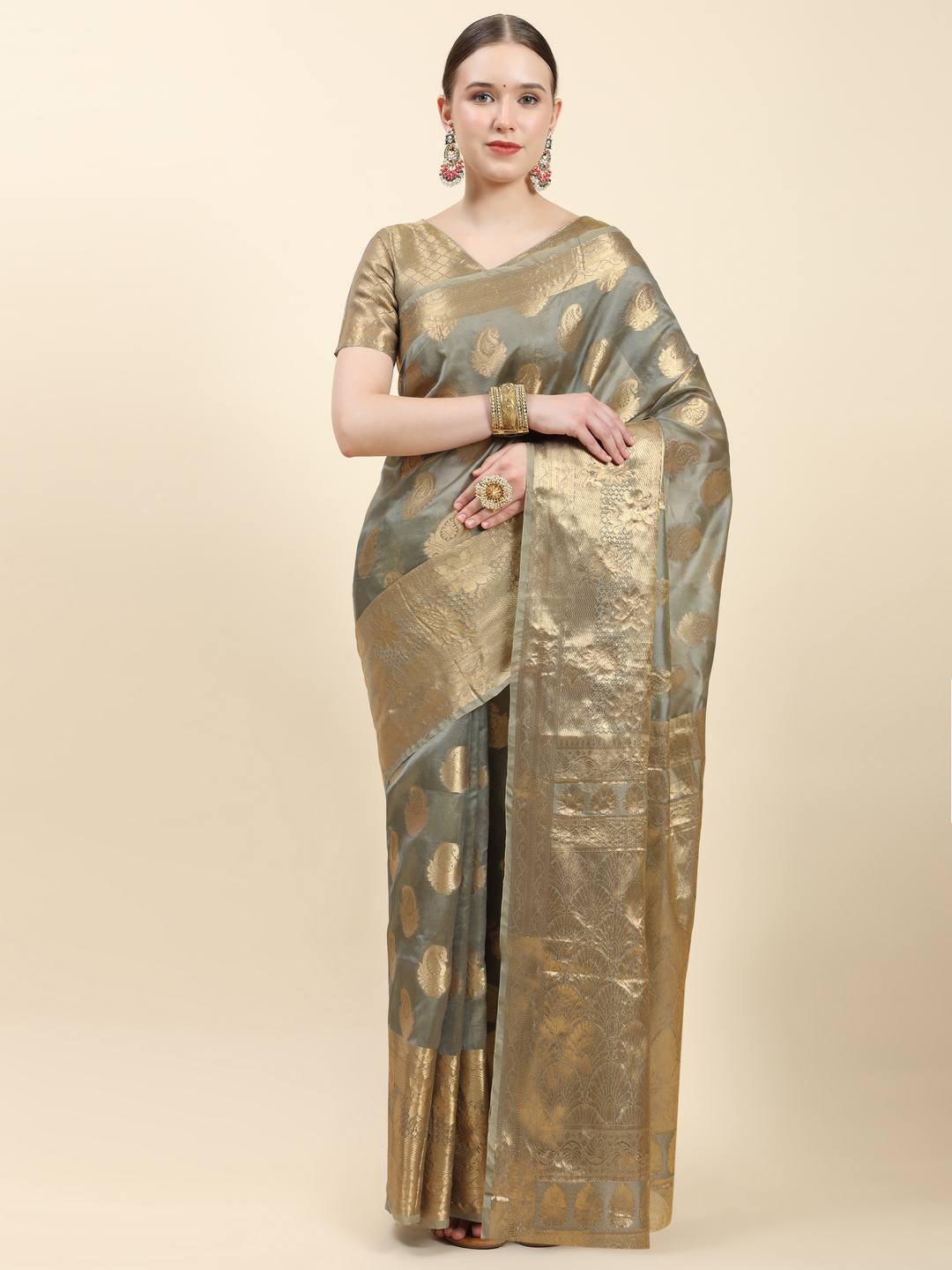

ZILVIRA Ethnic Motifs Woven Design Zari Organza Saree, Grey