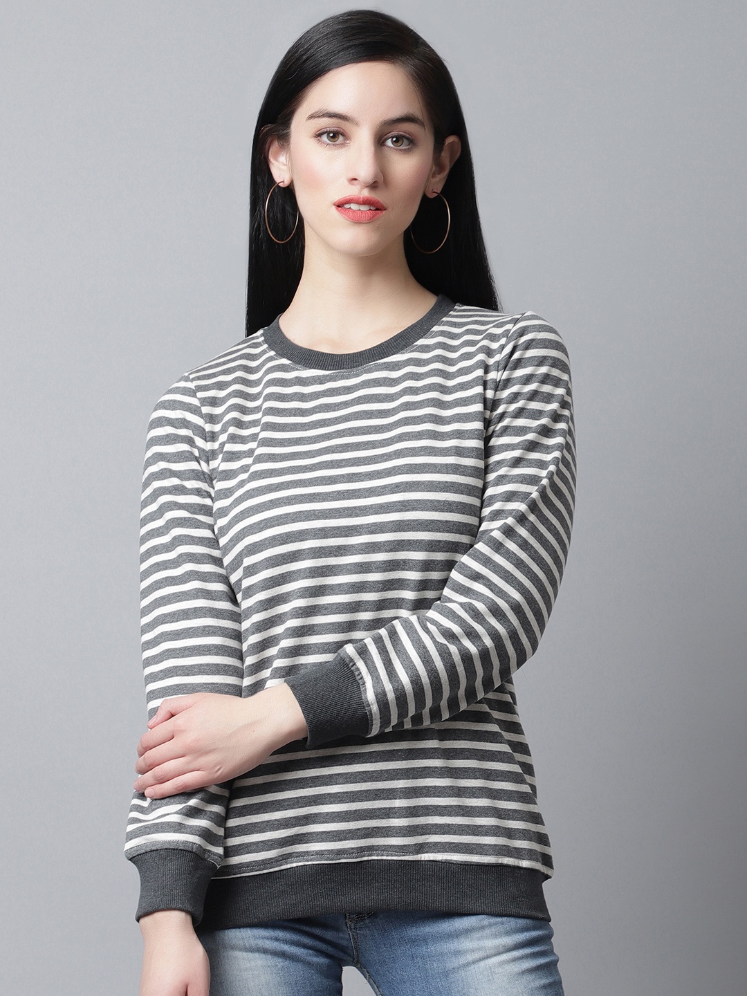 

Rute Grey Striped Round Neck Pullover Sweatshirt
